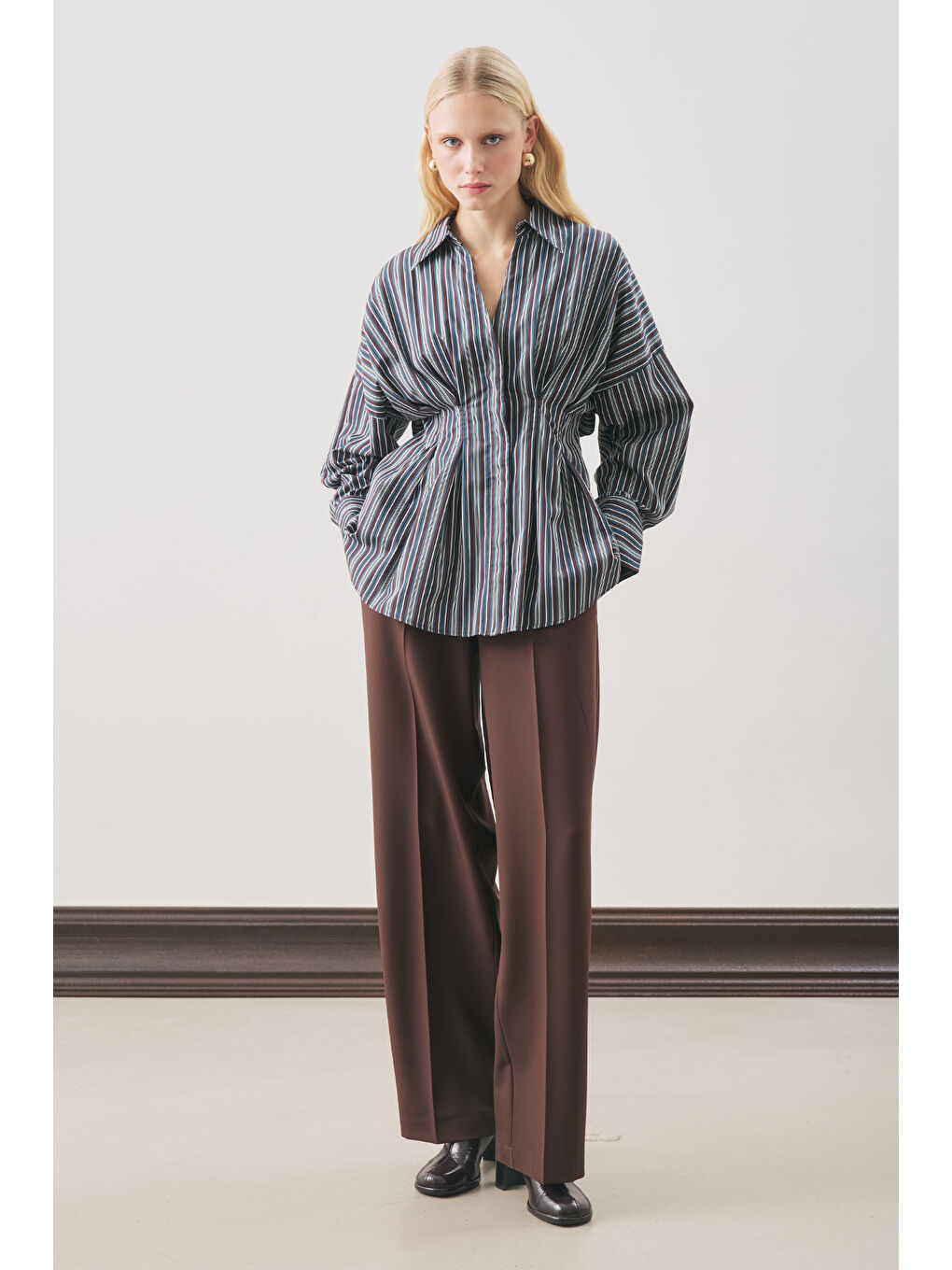 Bej Pile Detaylı Gömlek Kahve Çizgili-2