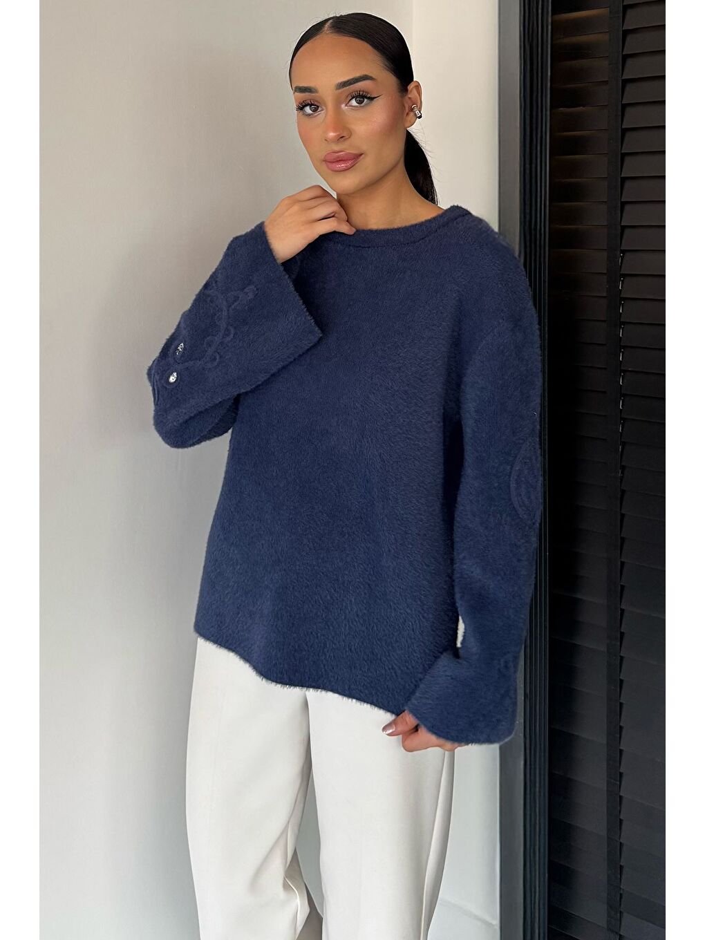 Lacivert Kadın Bisiklet Yaka Kol İşlemeli Triko Kazak (s-m-l-xl Beden Uyumludur.)-1