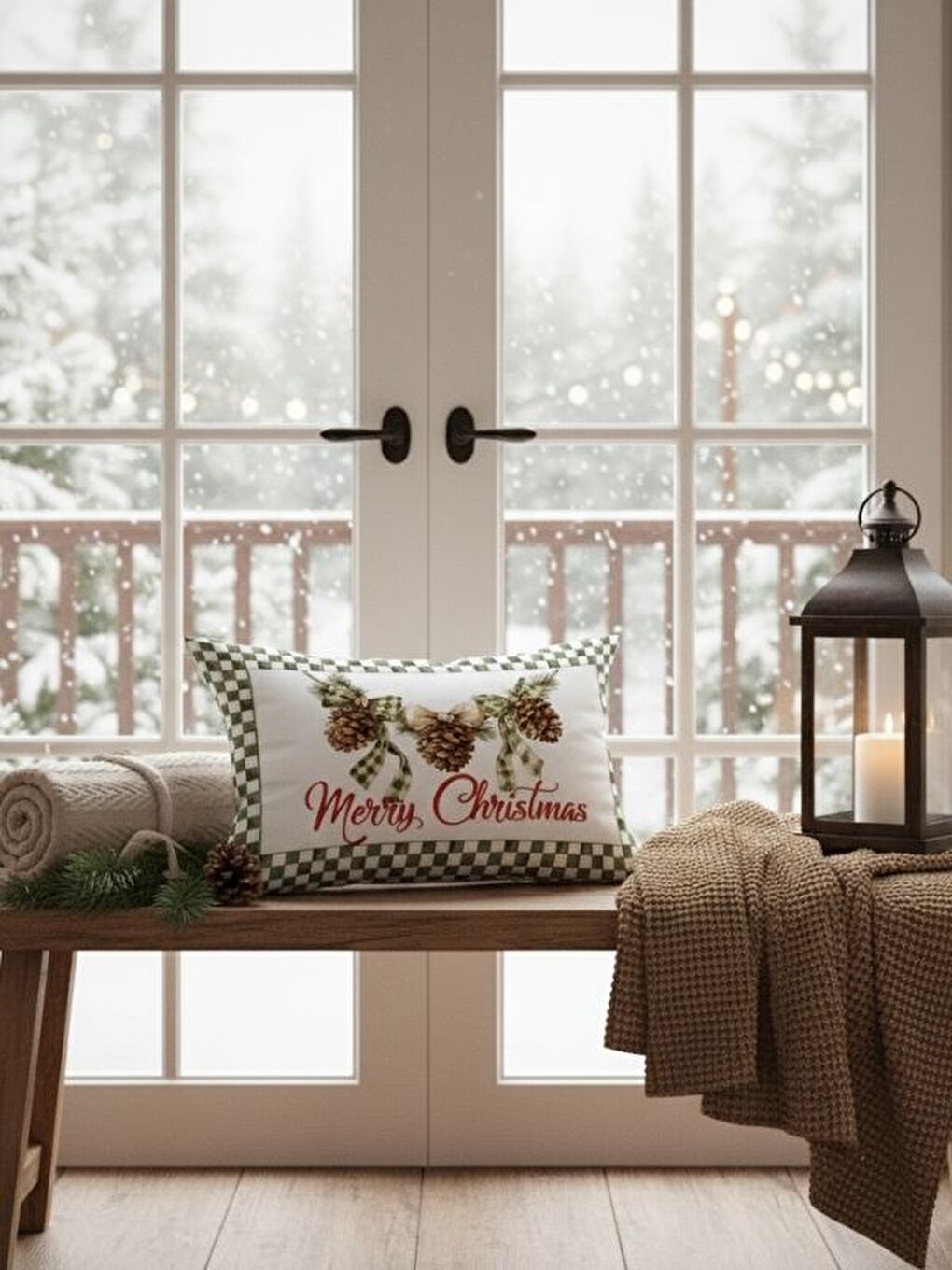 Yeşil Kozalak Desen Yılbaşı Kadife Dikdörtgen Kırlent Kılıfı 35x55 cm Çift Taraf Baskılı Fermuarlı-1