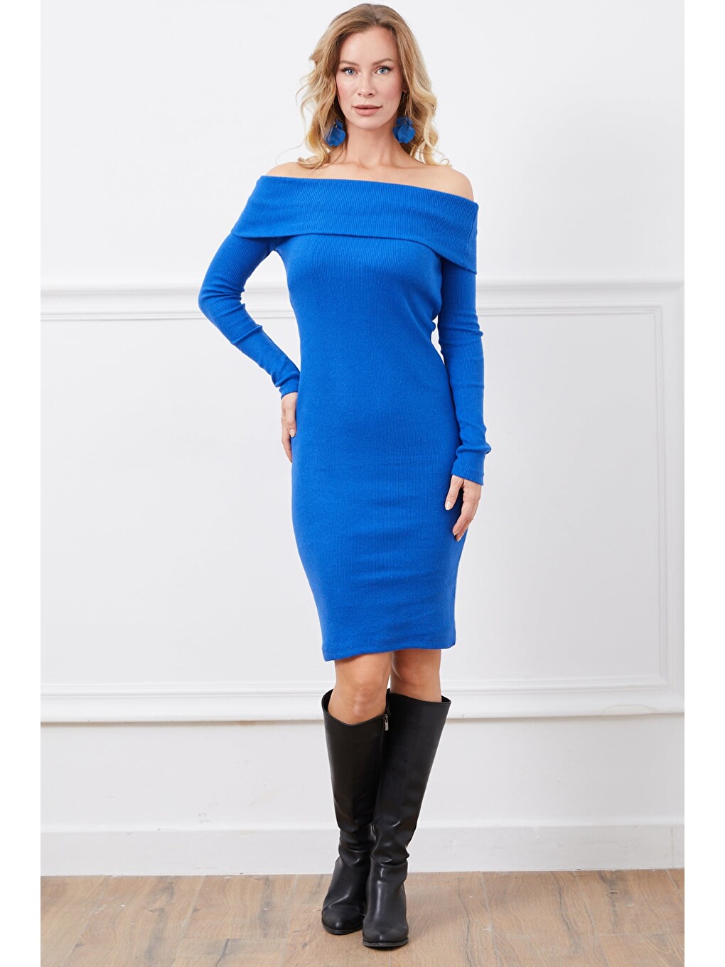 Mavi Fitilli Madonna Yaka Slim Fit Triko Elbise-1