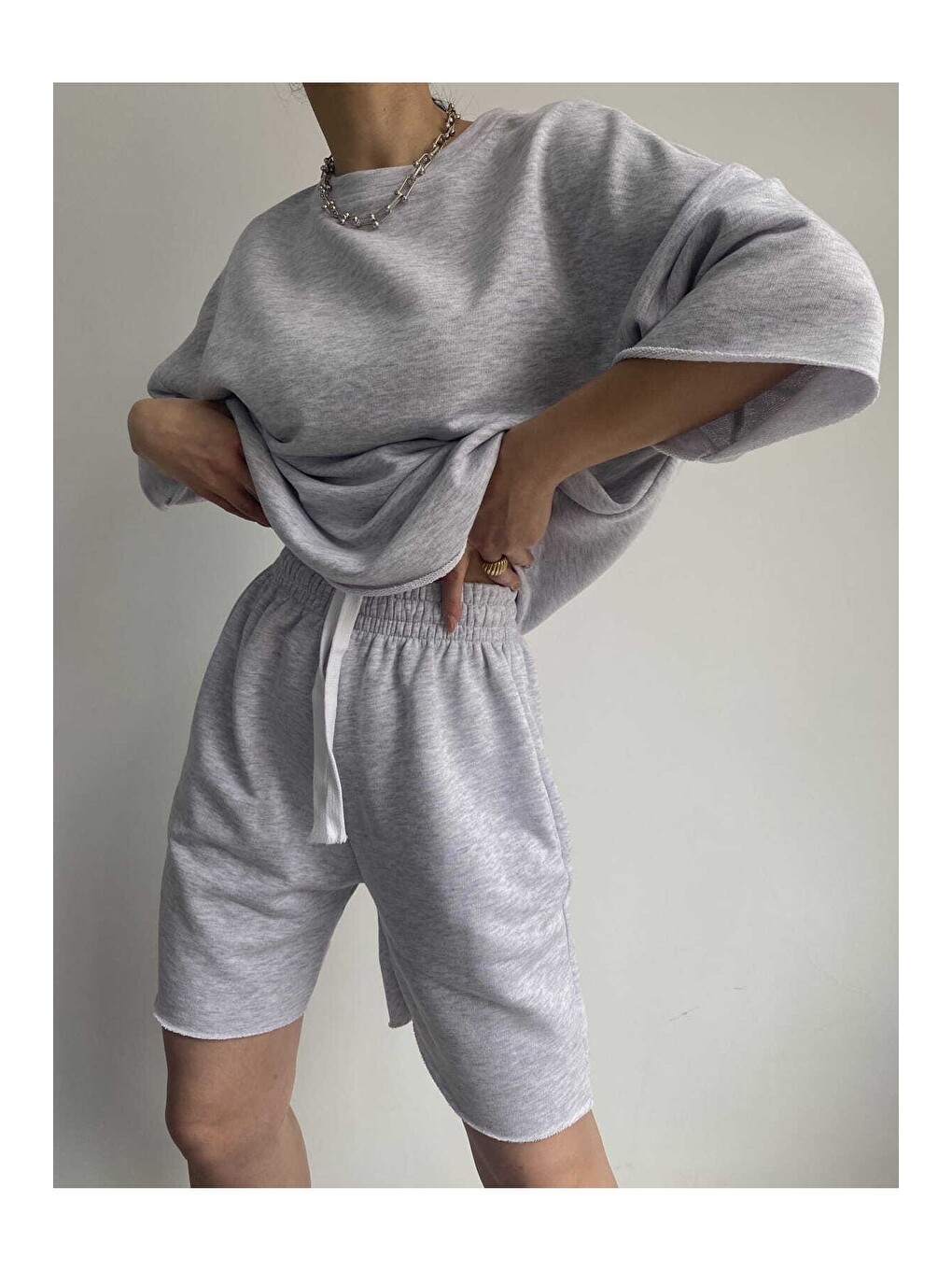 Beyaz Gama Oversize Karmelanj Şort T-shirt Takım-2