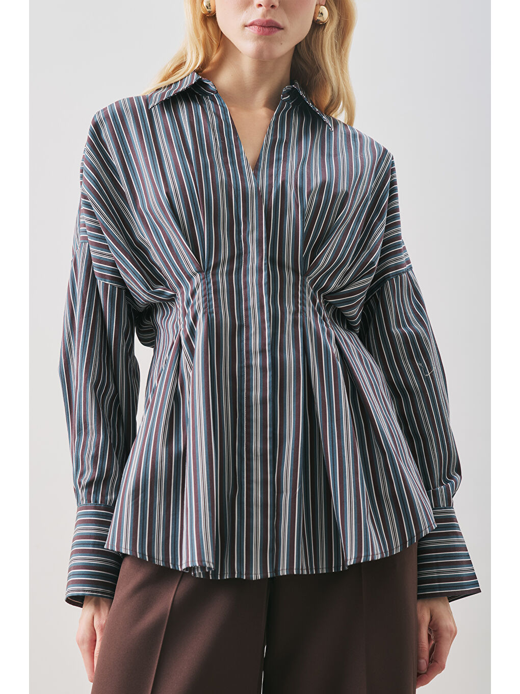 Bej Pile Detaylı Gömlek Kahve Çizgili-4