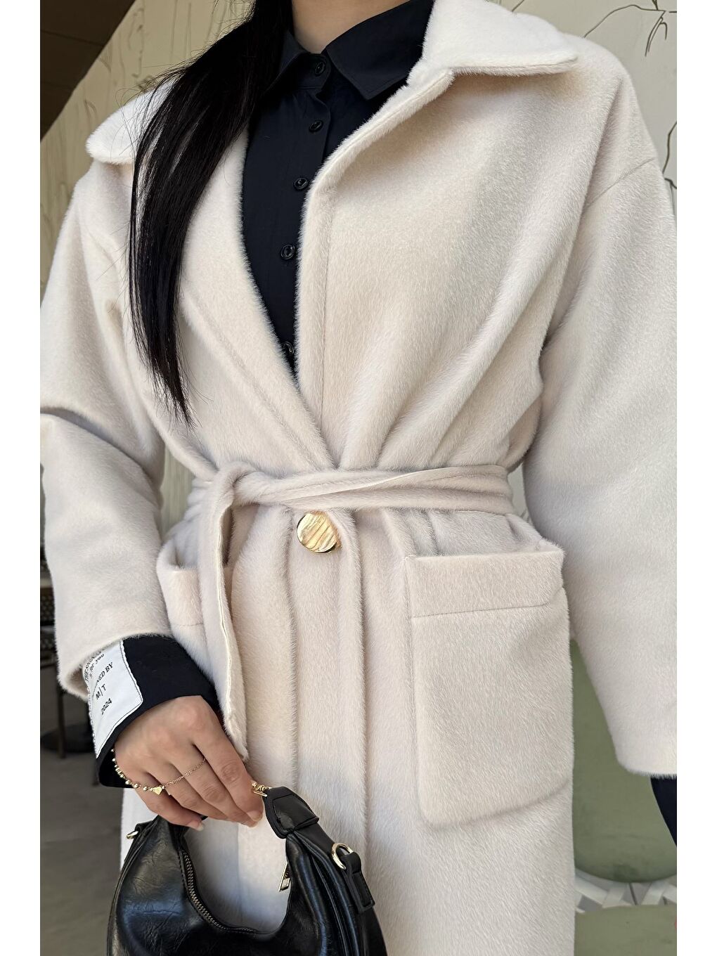 Ekru Kadın Gold Düğme Detaylı Bel Kuşaklı İç Astarlı Sakallı Kaban (s-m-l-xl Beden Uyumludur.)-4