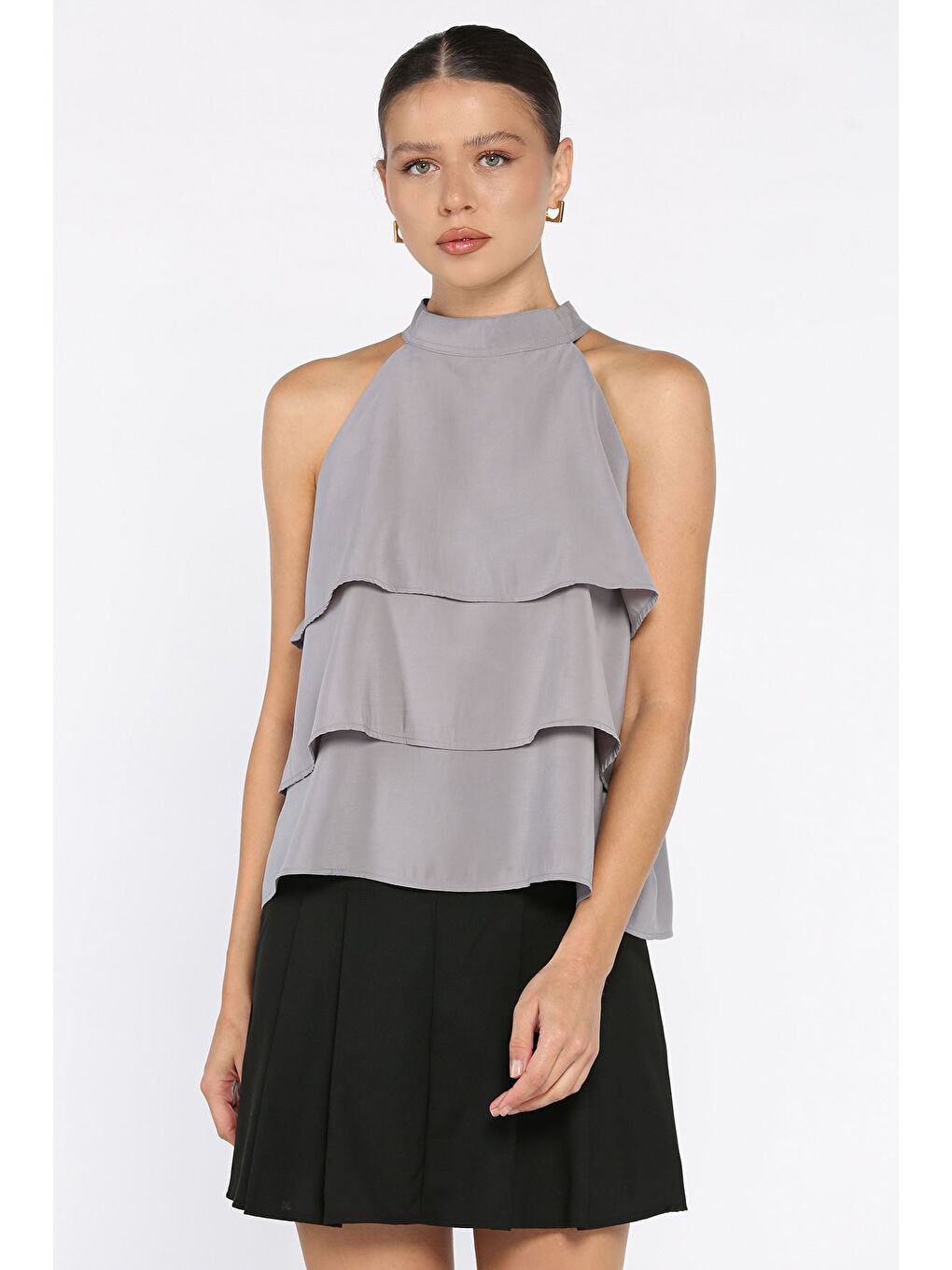 Gri Sıfır Kol Kat Kat Kadın Bluz-1