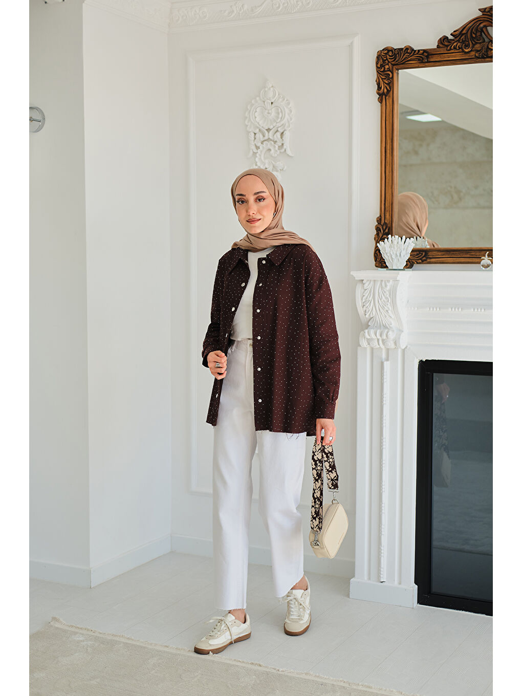 Kadın Taşlı Gabardin Gömlek Kahverengi-2