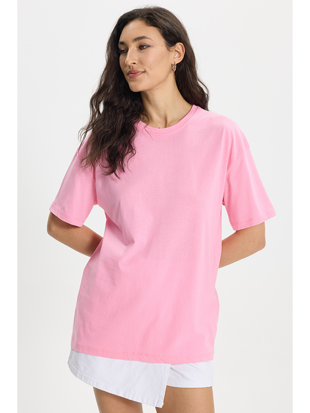 Kadın Slim Fit Dar Kesim %100 Pamuk Kısa Kollu Bisiklet Yaka Pembe Tişört-2