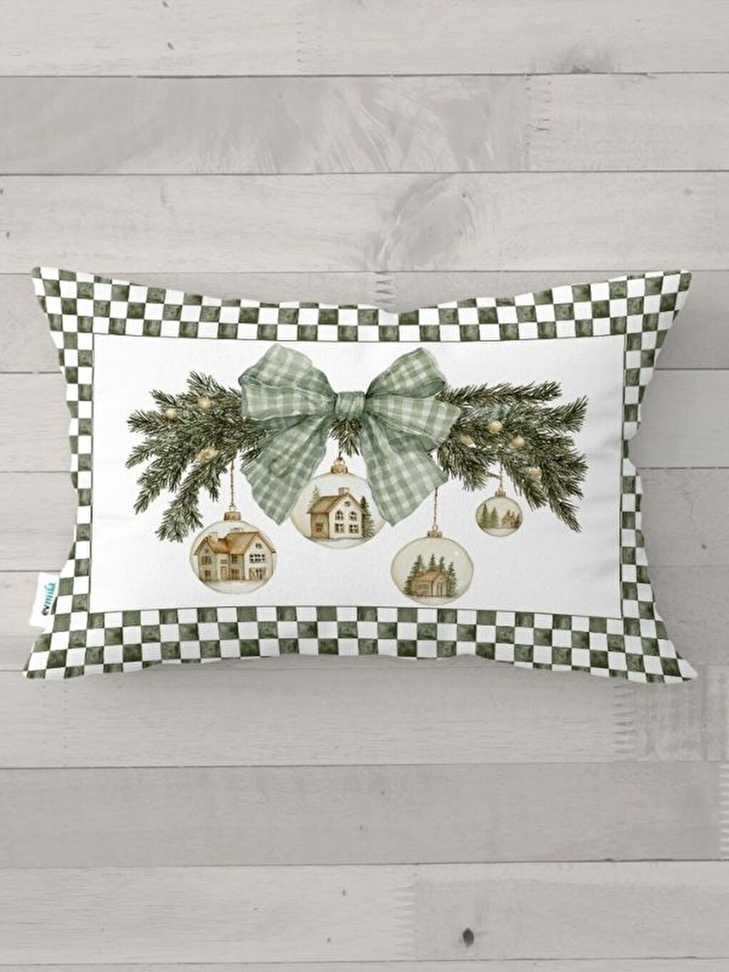 Yeşil Yılbaşı Süsü Desen Kadife Dikdörtgen Kırlent Kılıfı 35x55 cm Çift Taraf Baskılı Fermuarlı-4