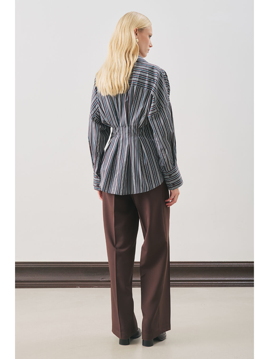 Bej Pile Detaylı Gömlek Kahve Çizgili-5