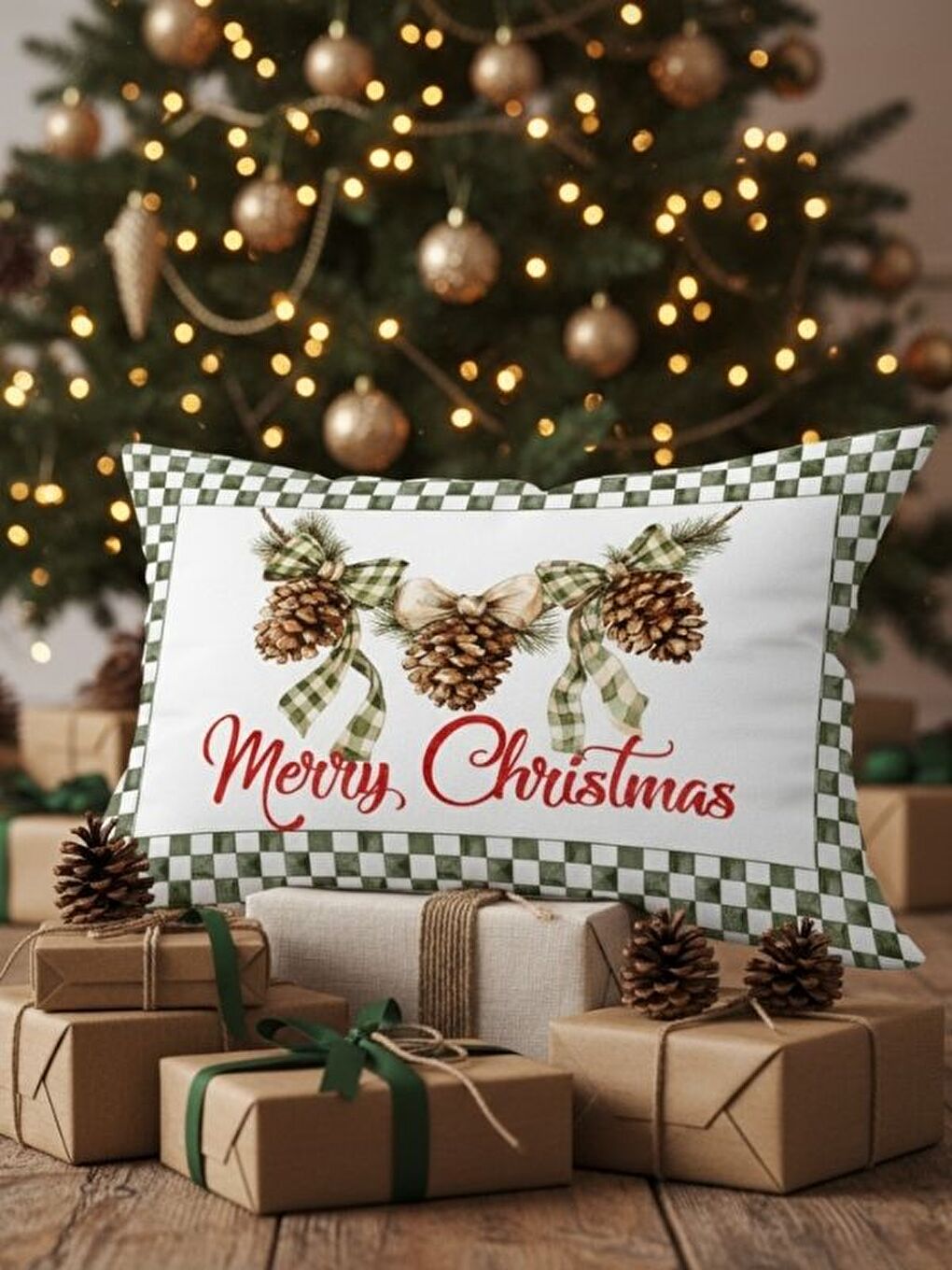 Yeşil Kozalak Desen Yılbaşı Kadife Dikdörtgen Kırlent Kılıfı 35x55 cm Çift Taraf Baskılı Fermuarlı-2