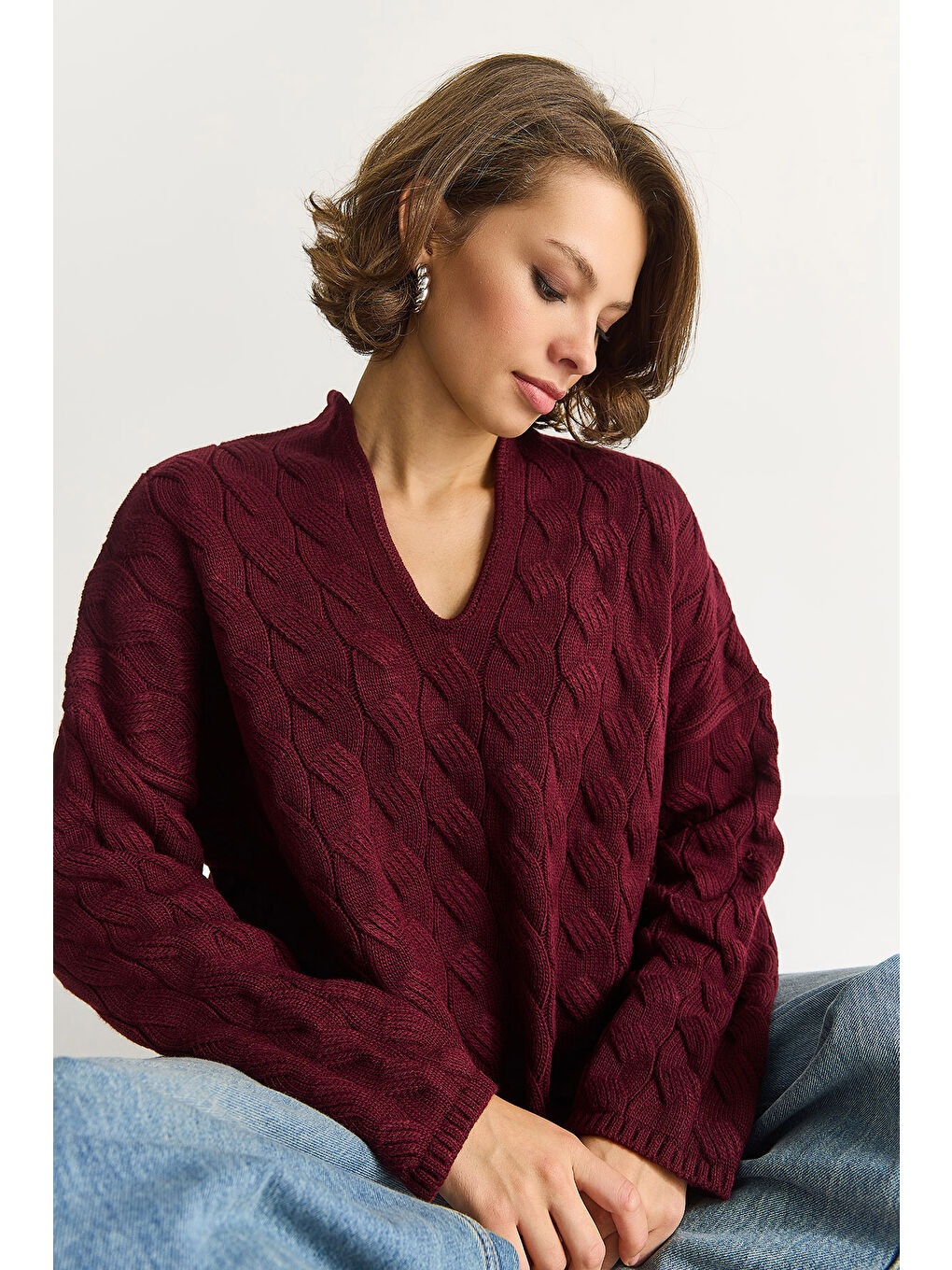 Bordo Kadın Oval Yaka Saç Örgü Oversize Triko Kazak TK-1