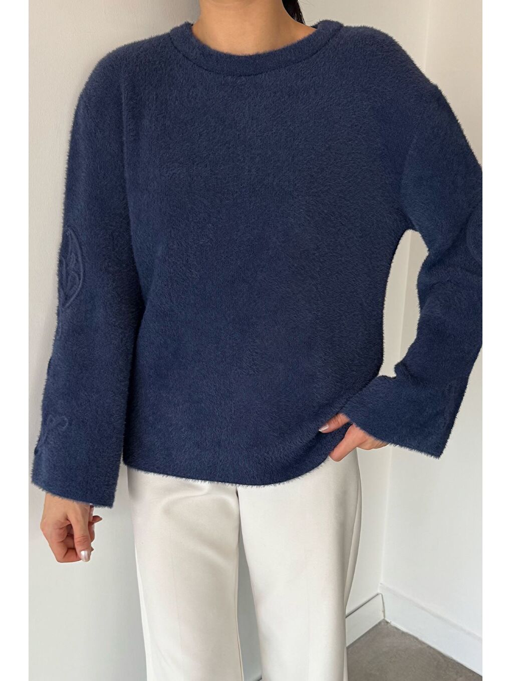 Lacivert Kadın Bisiklet Yaka Kol İşlemeli Triko Kazak (s-m-l-xl Beden Uyumludur.)-2