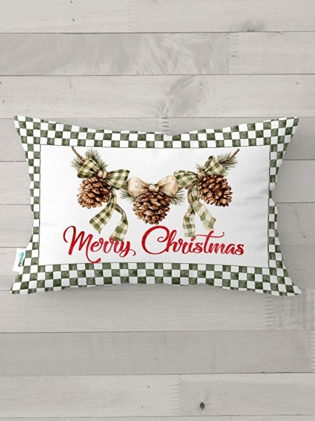 Yeşil Kozalak Desen Yılbaşı Kadife Dikdörtgen Kırlent Kılıfı 35x55 cm Çift Taraf Baskılı Fermuarlı-3