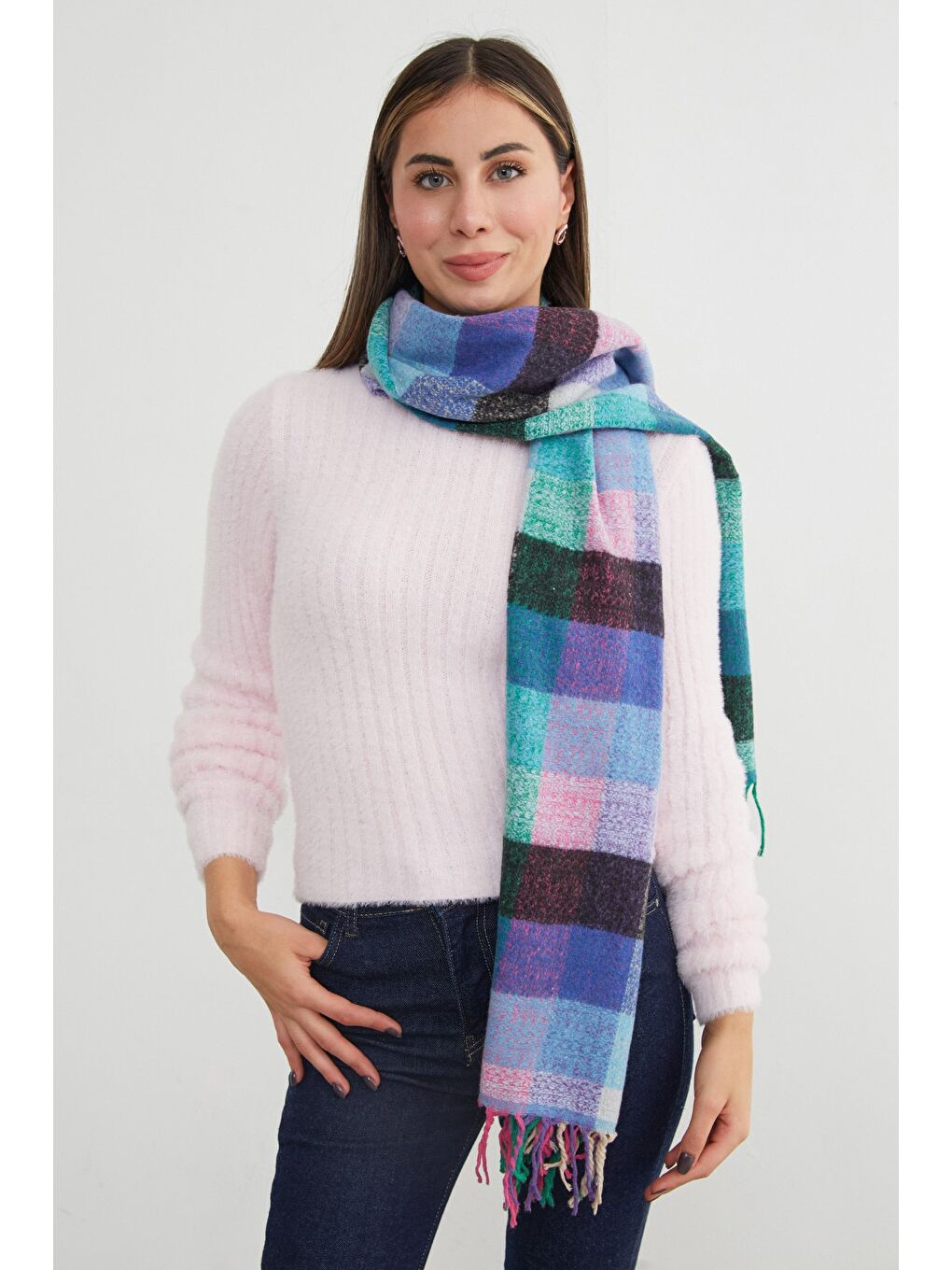 Mavi Ekose Desenli Yumuşak Dokulu Şal-1