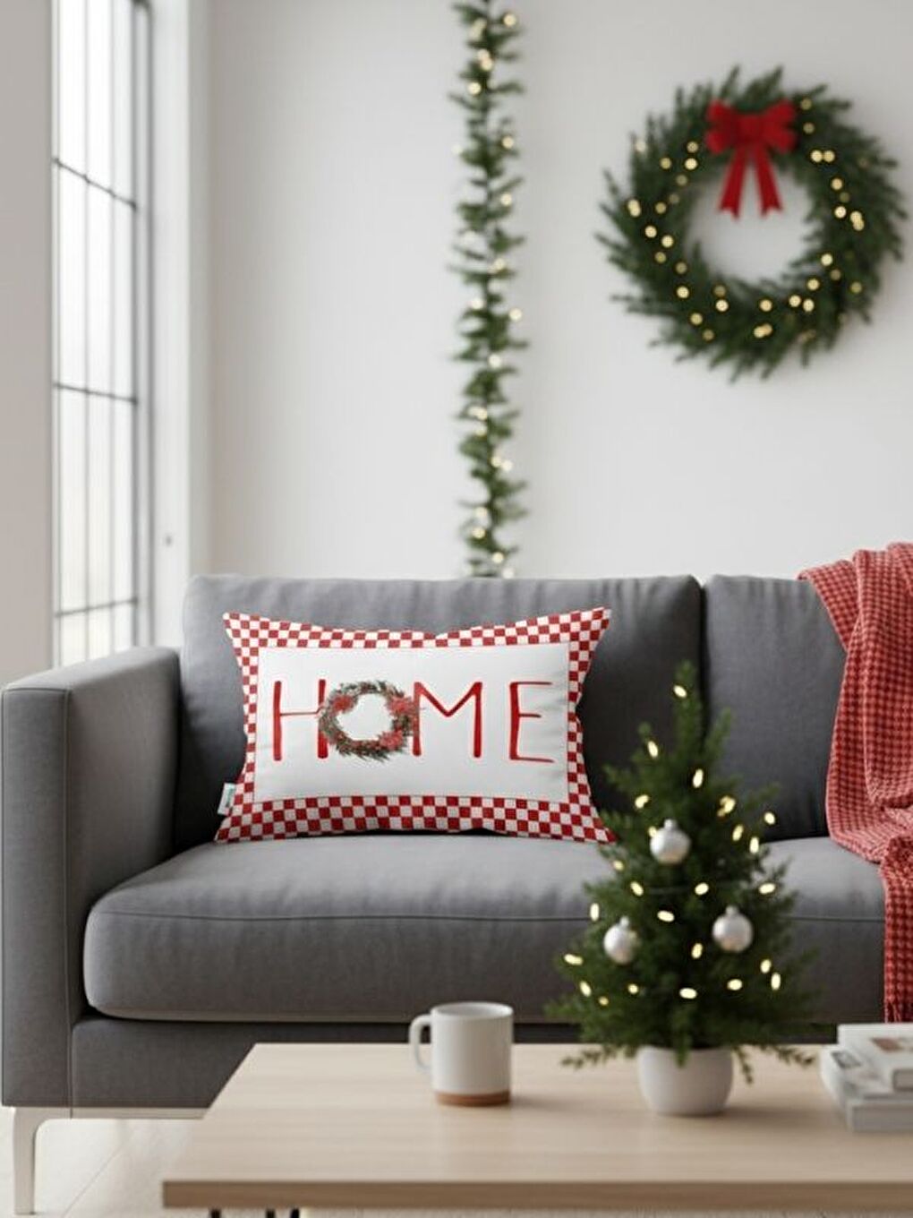 Kırmızı Home Desen Yılbaşı Kadife Dikdörtgen Kırlent Kılıfı 35x55 cm Çift Taraf Baskılı Fermuarlı-1