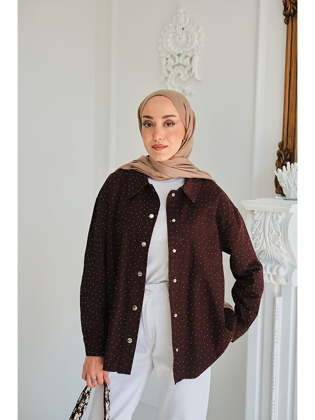 Kadın Taşlı Gabardin Gömlek Kahverengi-3