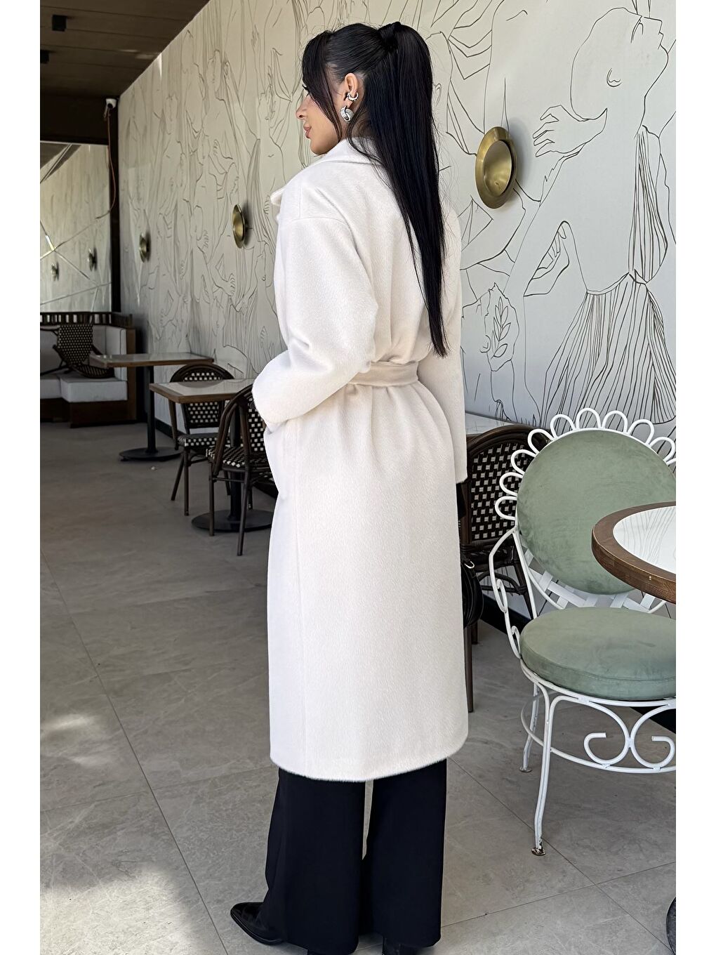 Ekru Kadın Gold Düğme Detaylı Bel Kuşaklı İç Astarlı Sakallı Kaban (s-m-l-xl Beden Uyumludur.)-5