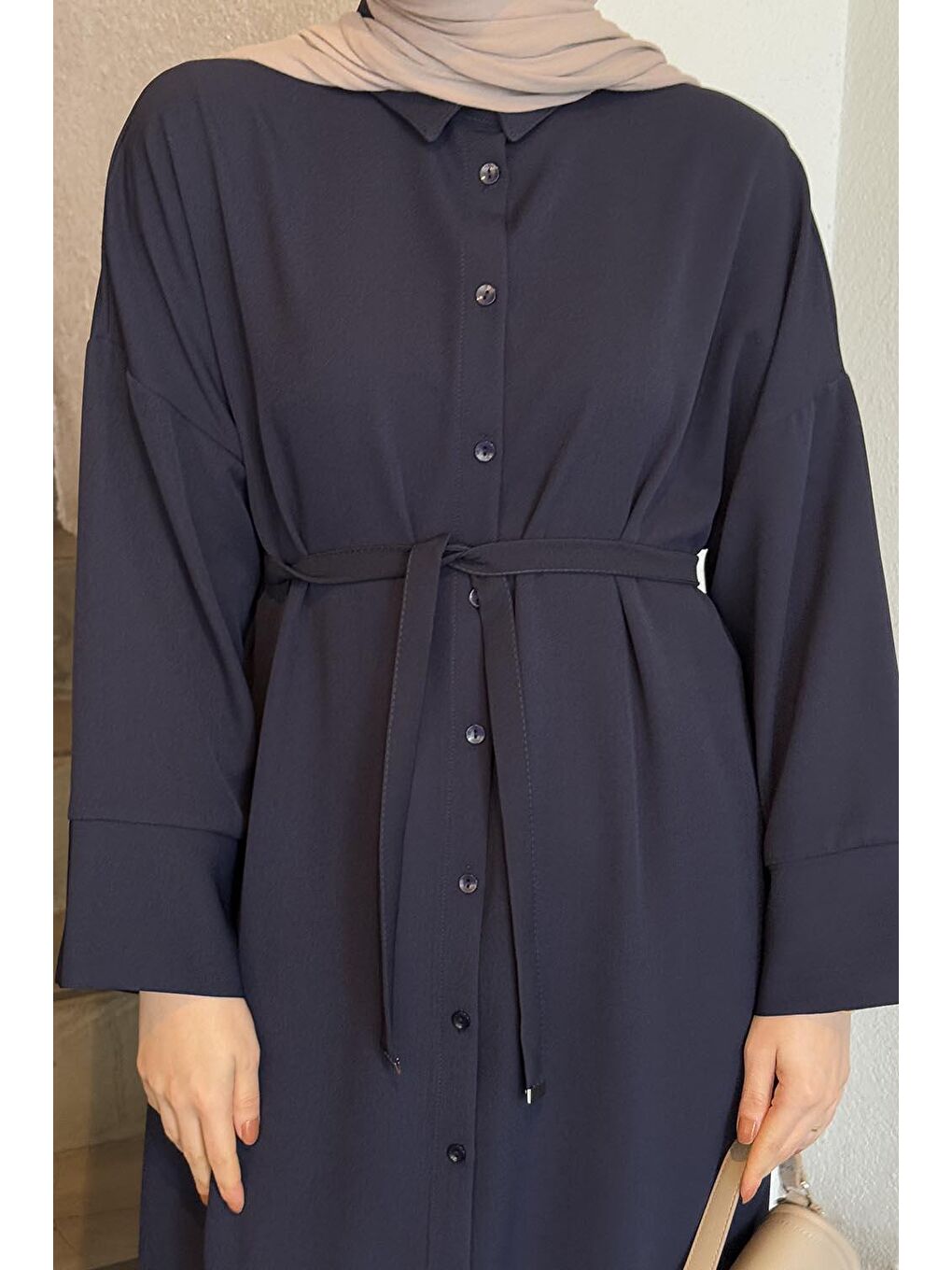 Takma Manşet Detaylı Dabıl Tesettür Elbise Lacivert-2