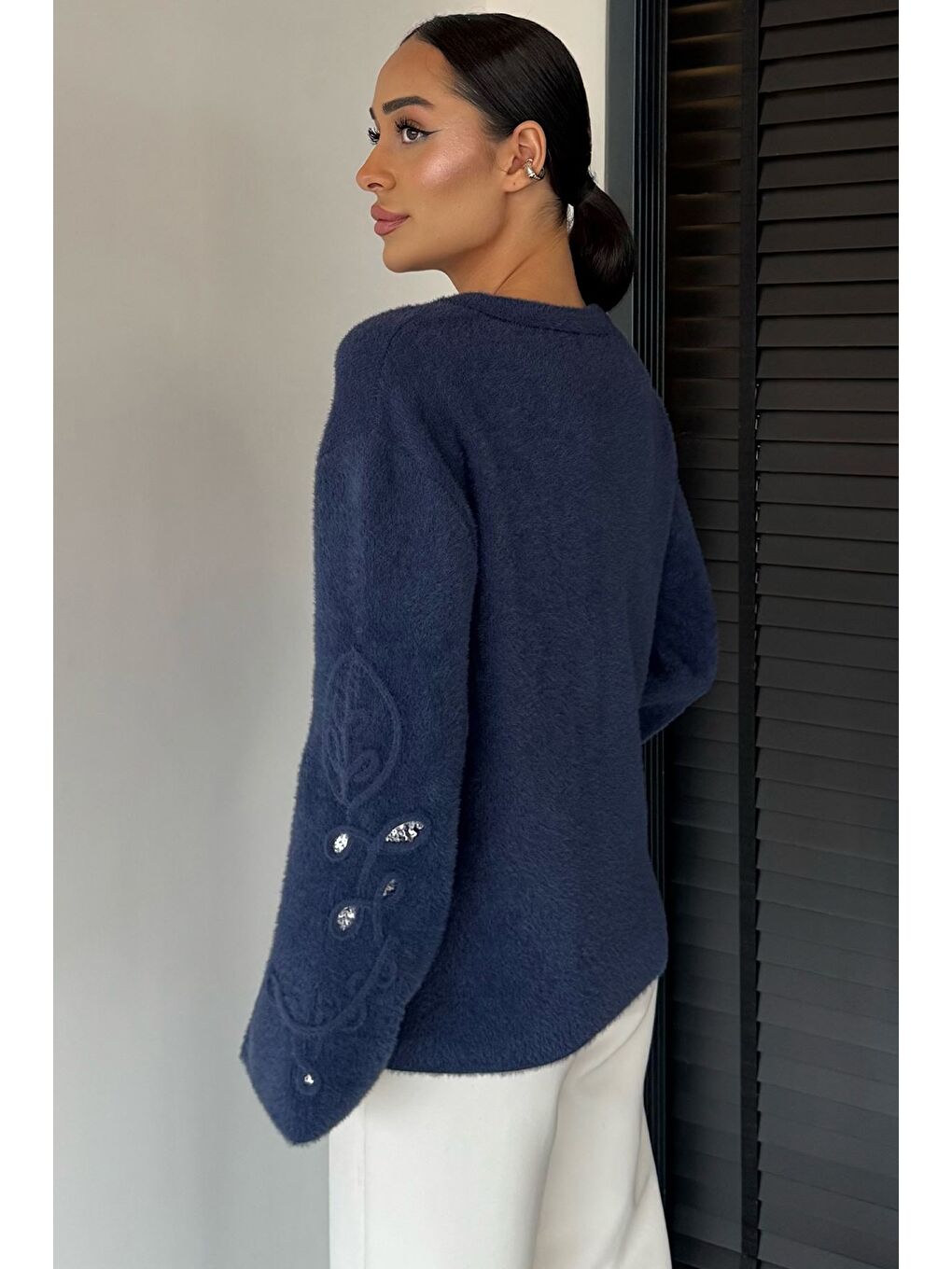 Lacivert Kadın Bisiklet Yaka Kol İşlemeli Triko Kazak (s-m-l-xl Beden Uyumludur.)-3