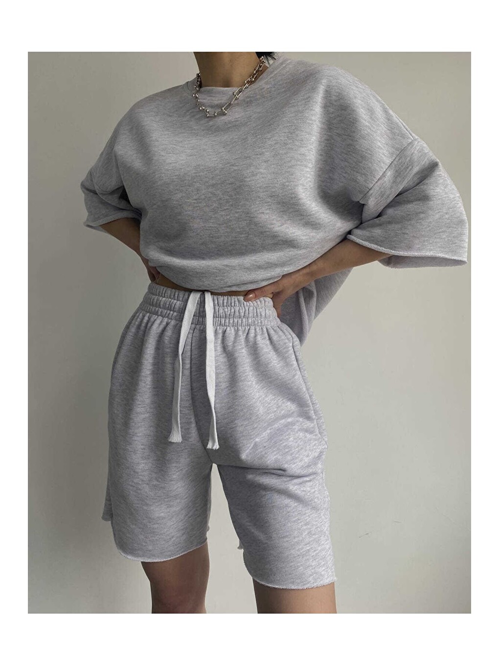 Beyaz Gama Oversize Karmelanj Şort T-shirt Takım-4