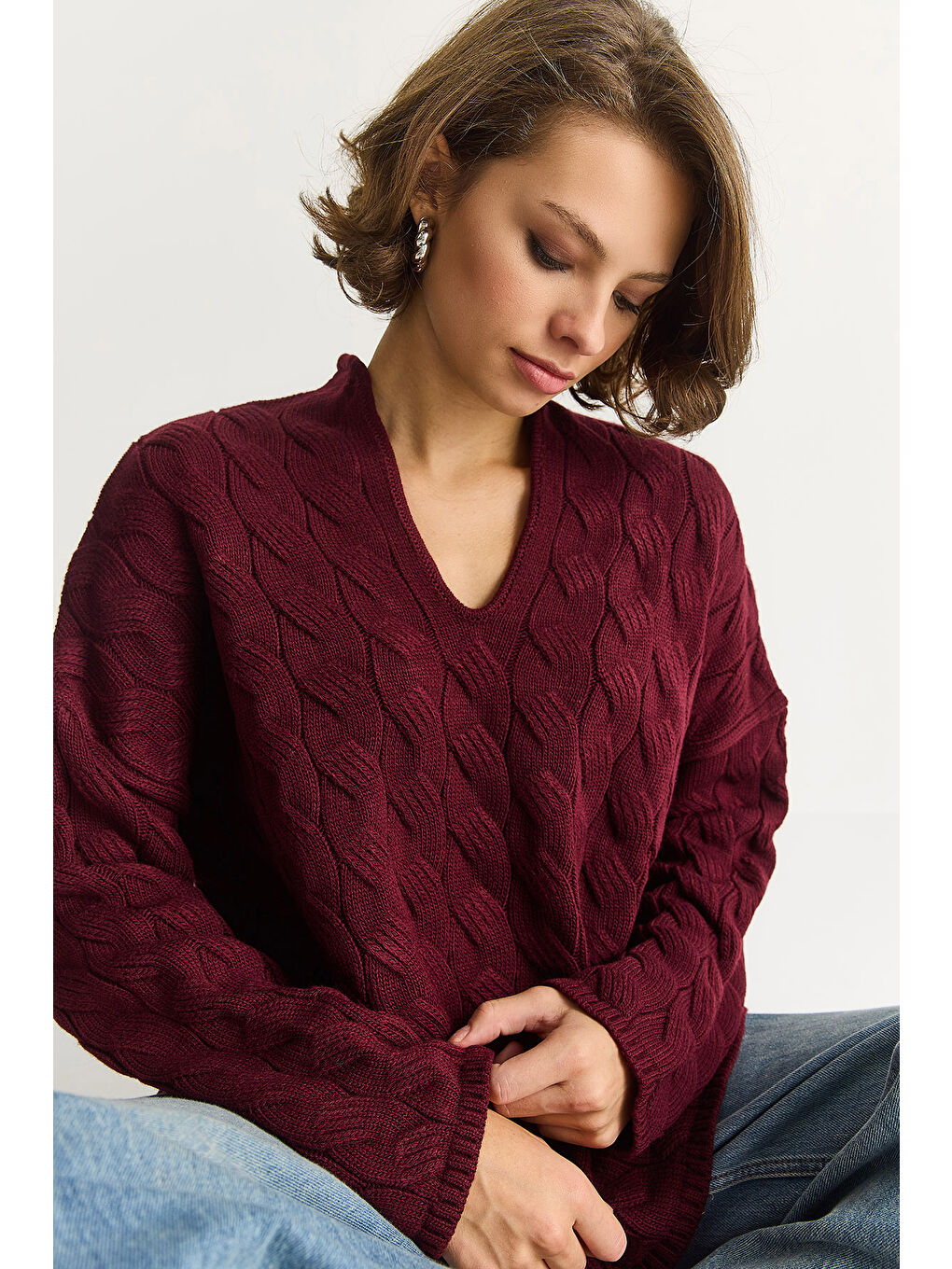 Bordo Kadın Oval Yaka Saç Örgü Oversize Triko Kazak TK-2