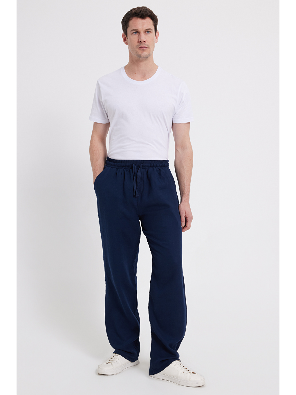 Erkek Baggy Fit Geniş Kesim %100 Pamuk Beli Lastikli Yandan Cepli Müslin Lacivert Düz Pantolon-1