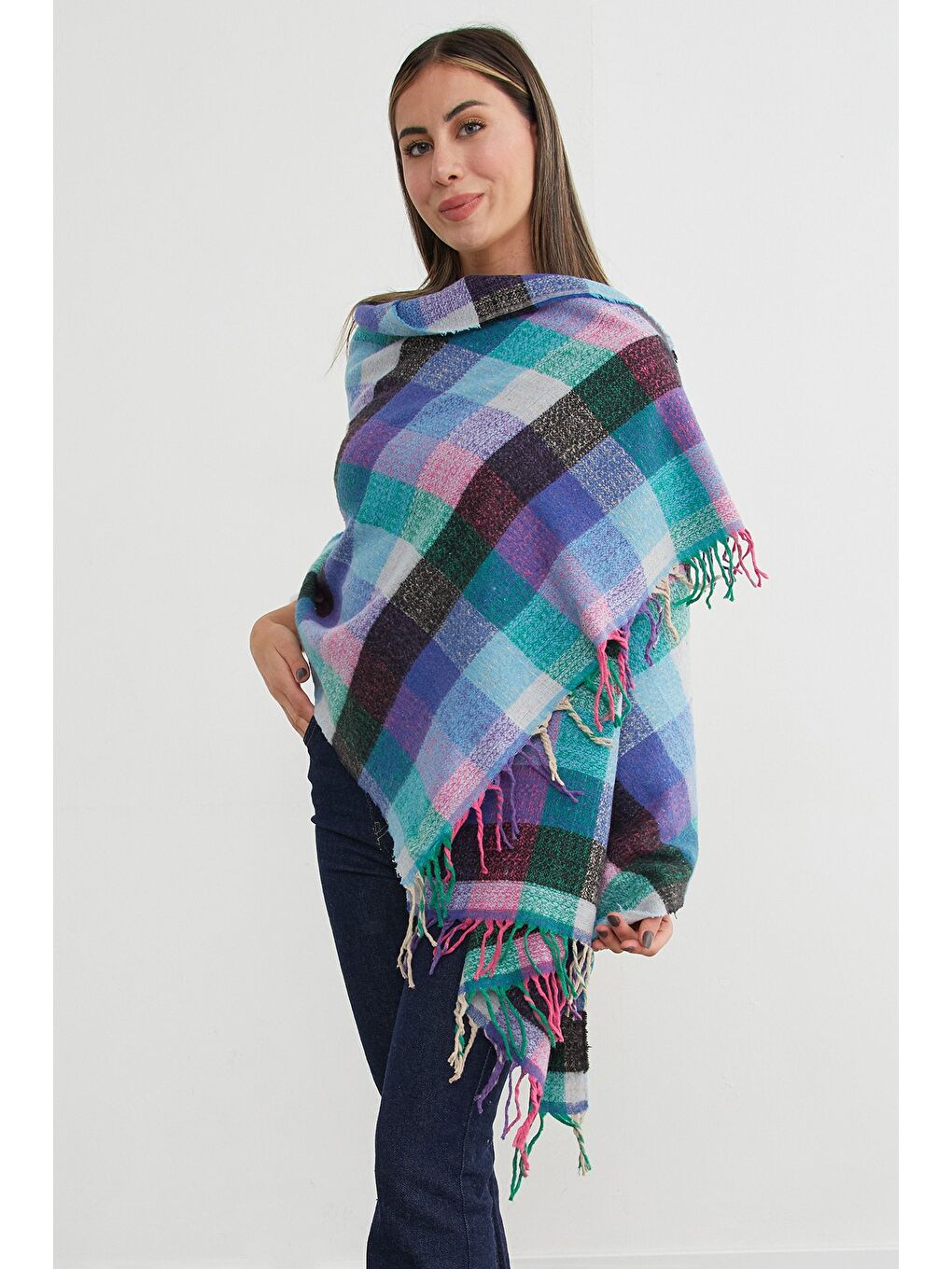 Mavi Ekose Desenli Yumuşak Dokulu Şal-3