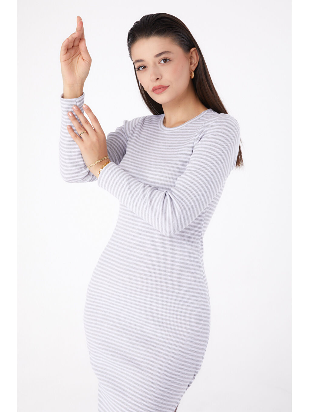 Yırtmaçlı Çizgili Elbise Gri - 26367