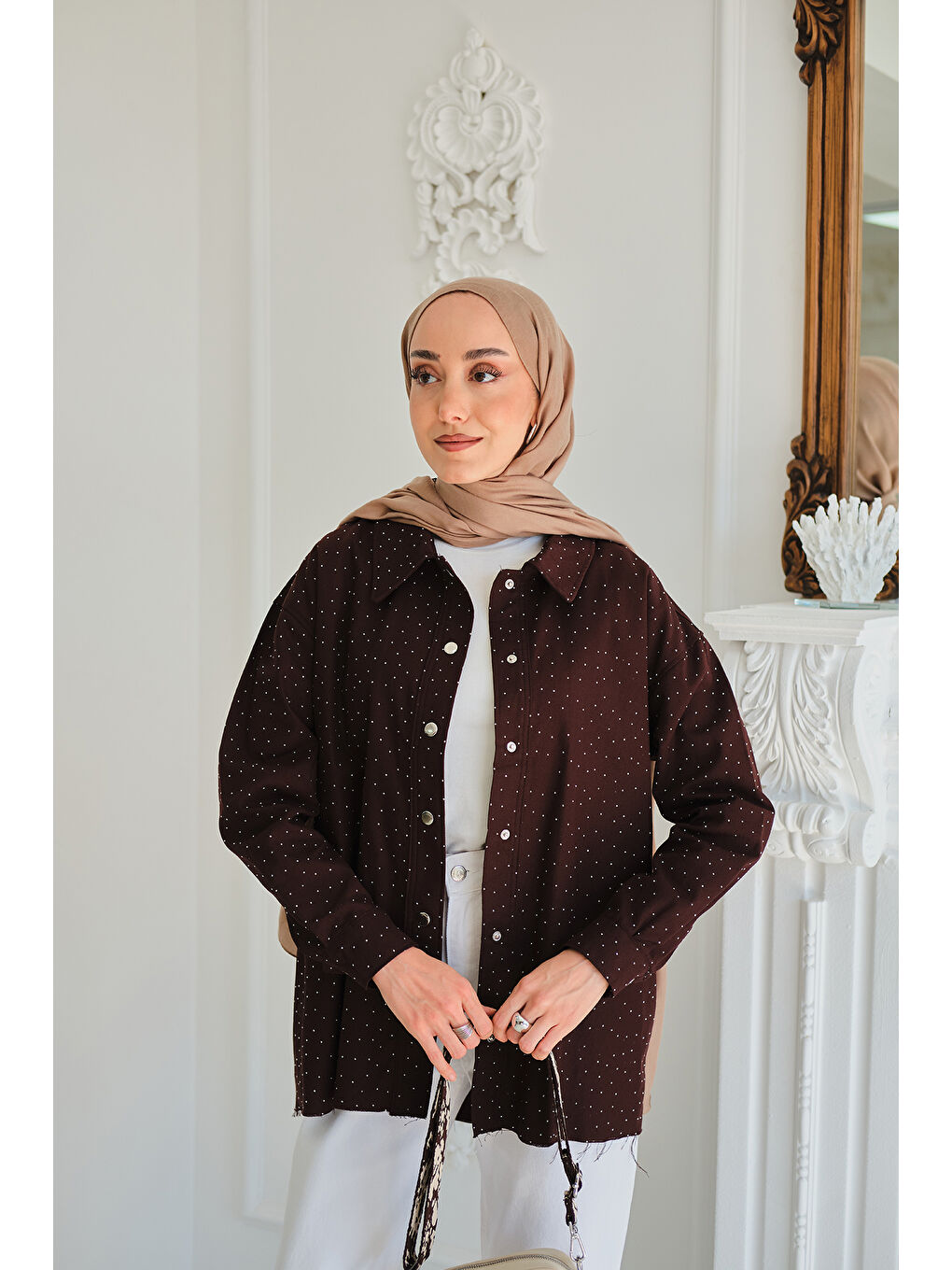 Kadın Taşlı Gabardin Gömlek Kahverengi-4