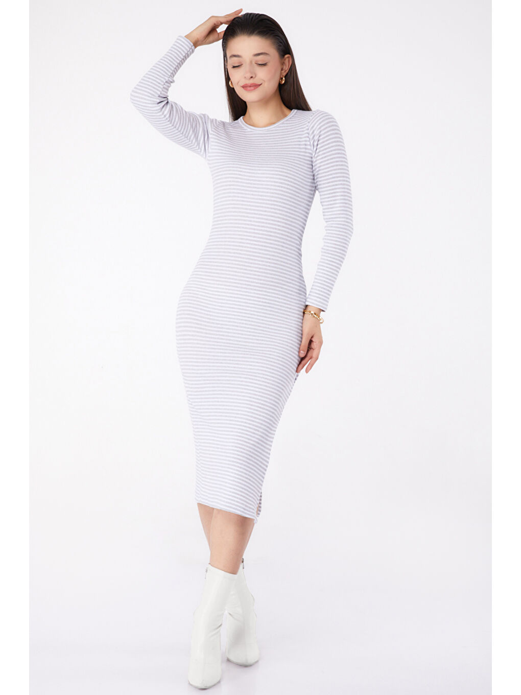 Yırtmaçlı Çizgili Elbise Gri - 26367-1