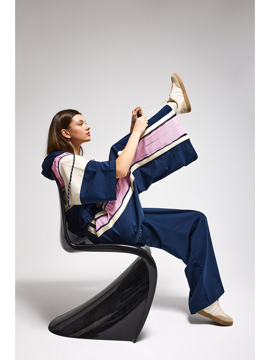 Kadın Lacivert Ekru s6-56 Kapüşonlu Sweatshirt Yürüyüş Efofman Pantolon 2'li Tasarım Takım-3