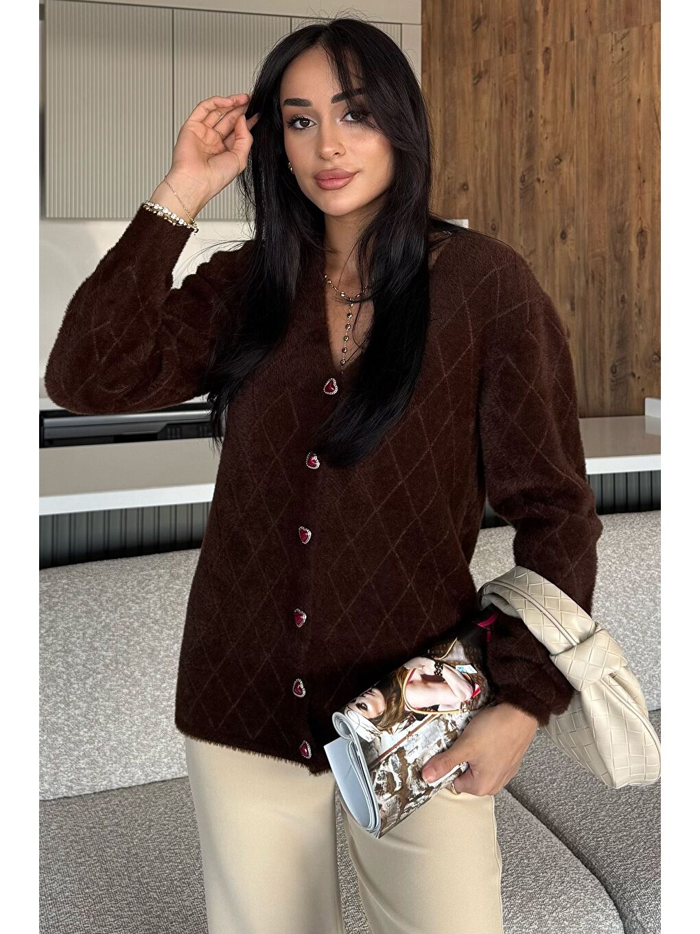 Kahverengi Kadın Yumoş İplik Sakallı Triko Hırka (s-m-l-xl Uyumludur)