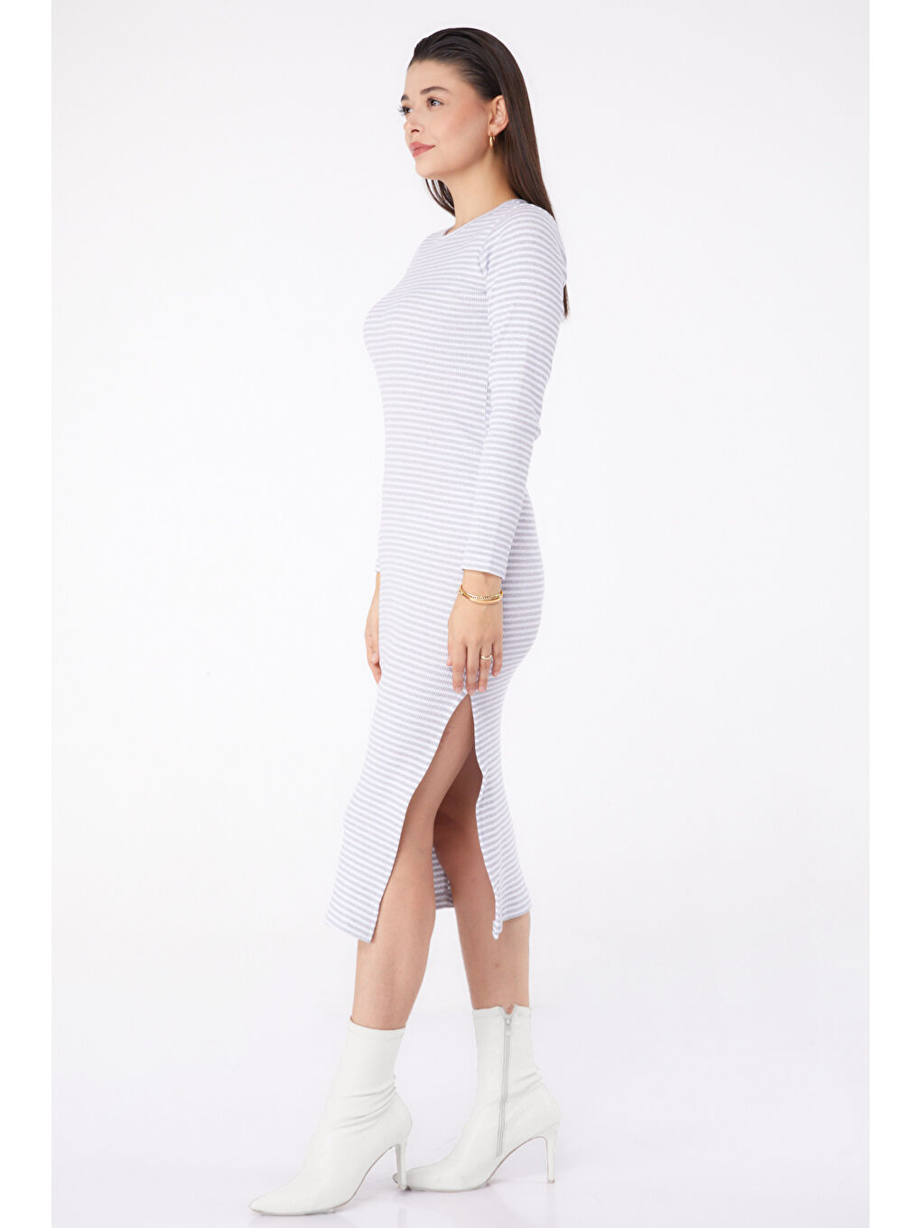 Yırtmaçlı Çizgili Elbise Gri - 26367-3