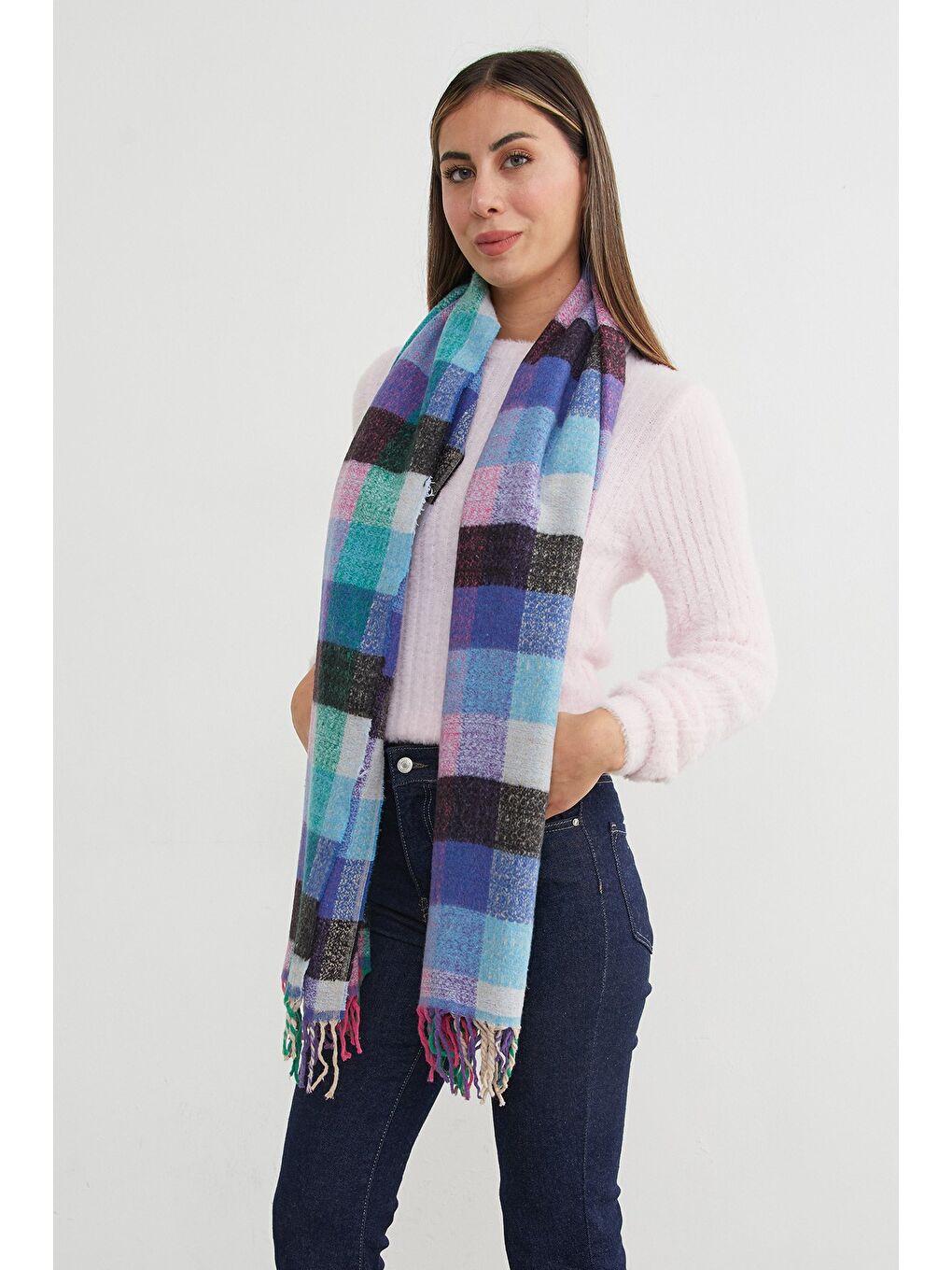 Mavi Ekose Desenli Yumuşak Dokulu Şal-4