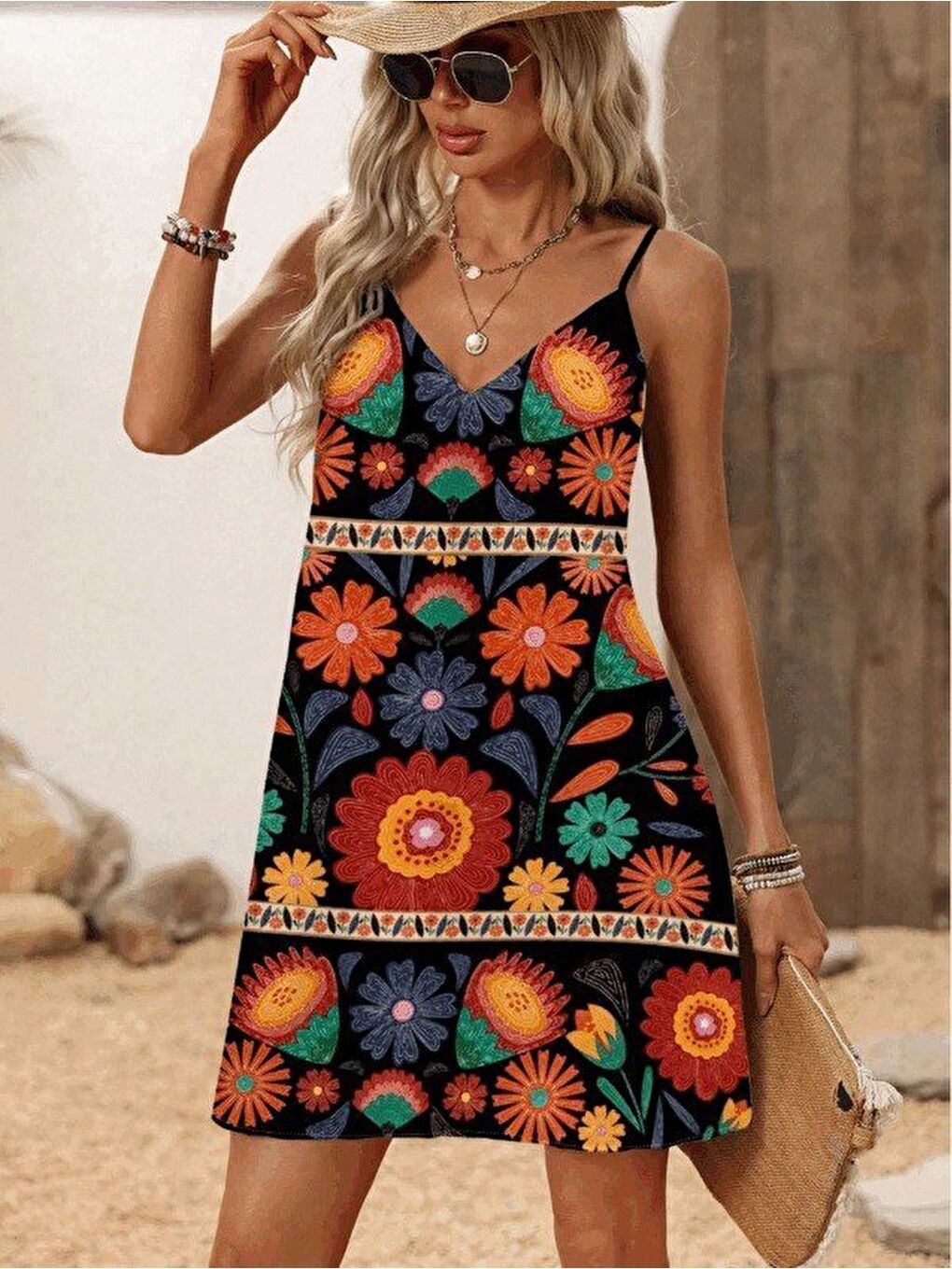 Siyah Kadın Ip Askılı V Yakalı Süprem Elbise-2