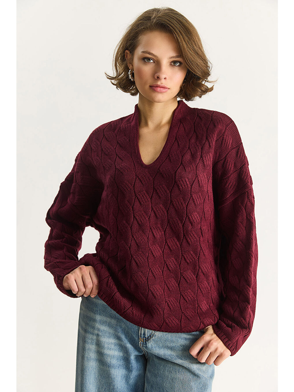 Bordo Kadın Oval Yaka Saç Örgü Oversize Triko Kazak TK-3