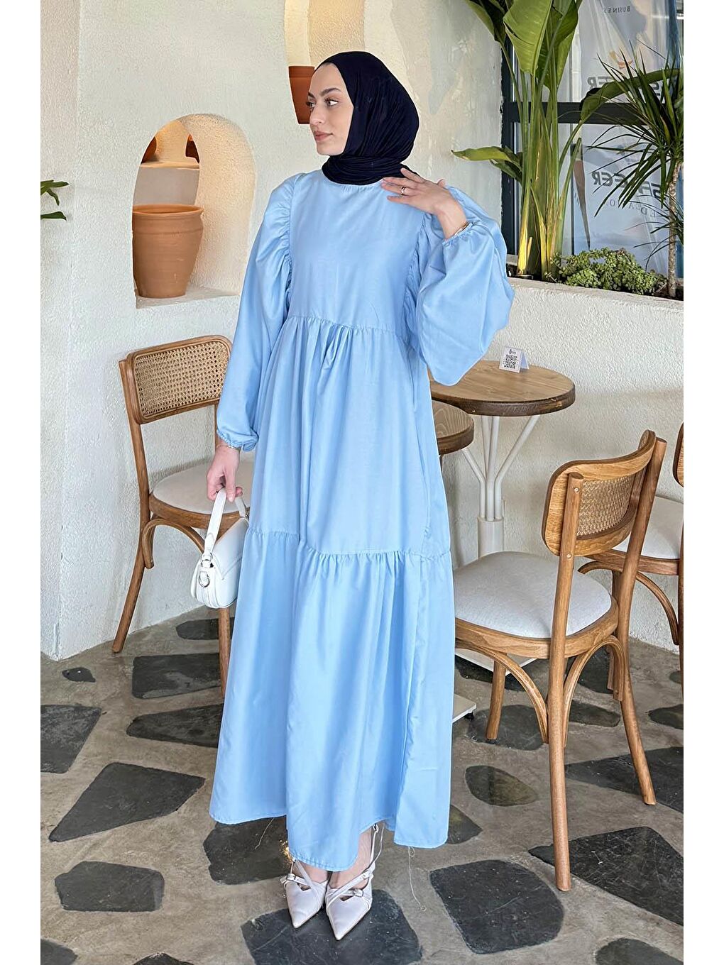 Balon Kol Katlı Yazlık Elbise Bebe Mavisi-1