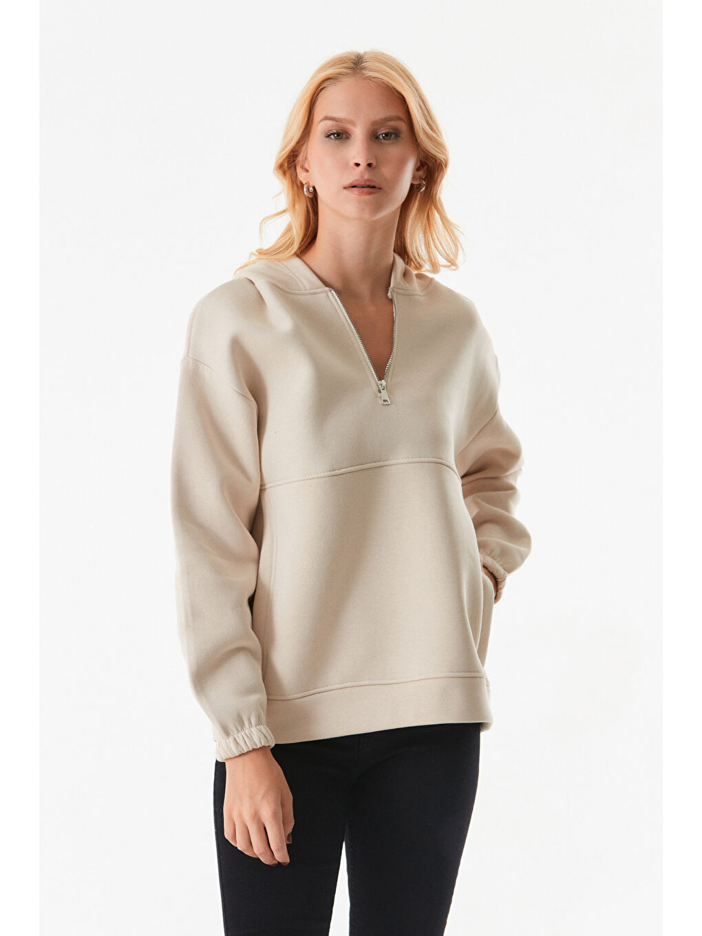 Fullamoda Bej Basic Oversize Yarım Fermuarlı Kapüşonlu Sweatshirt - 3