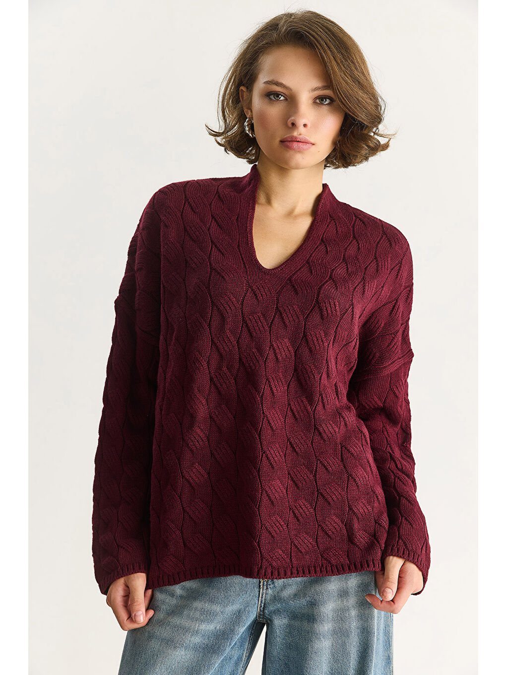 Bordo Kadın Oval Yaka Saç Örgü Oversize Triko Kazak TK-4