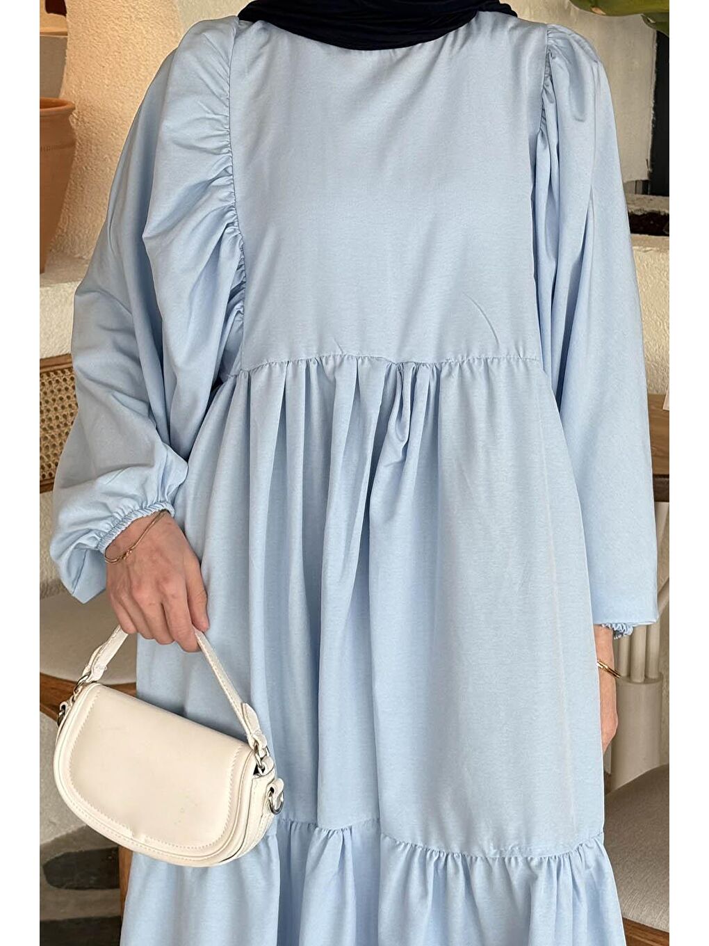 Balon Kol Katlı Yazlık Elbise Bebe Mavisi-2