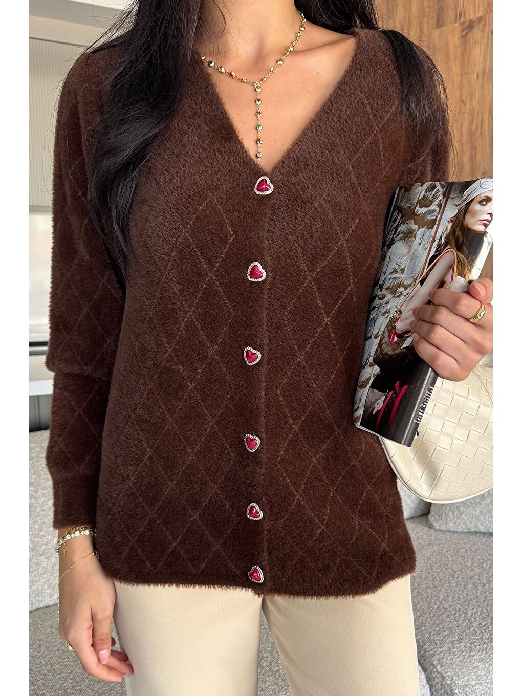 Kahverengi Kadın Yumoş İplik Sakallı Triko Hırka (s-m-l-xl Uyumludur)-1