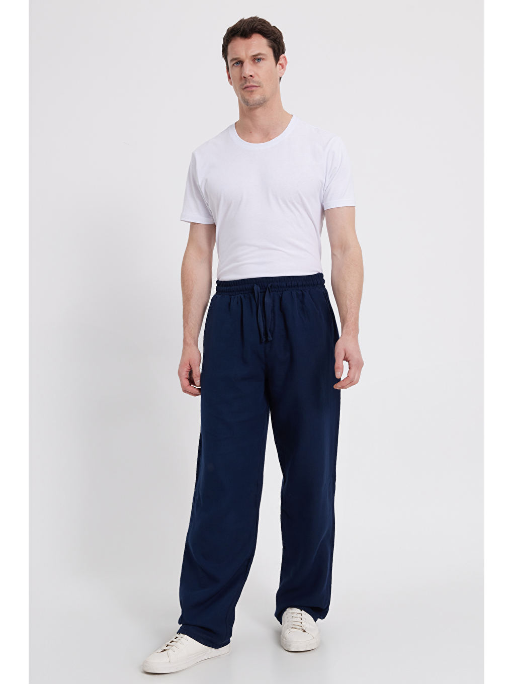 Erkek Baggy Fit Geniş Kesim %100 Pamuk Beli Lastikli Yandan Cepli Müslin Lacivert Düz Pantolon-3