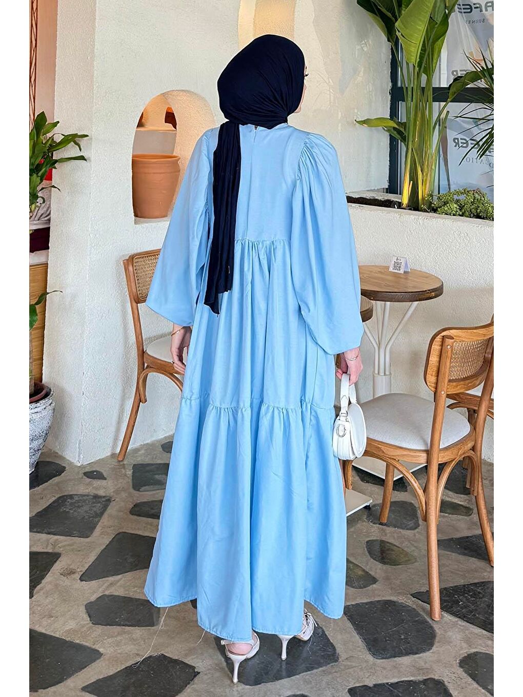 Balon Kol Katlı Yazlık Elbise Bebe Mavisi-3