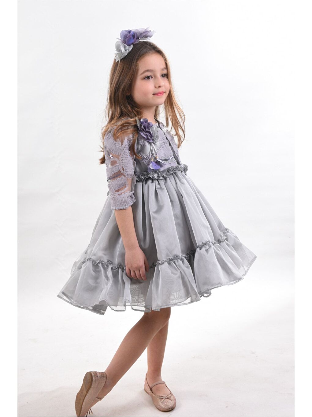 Gri Özel Tasarım Kız Çocuk Kısa Elbise, Doğum Günü Elbisesi, Çanta Aksesuarlı Abiye Elbise_M2330-1