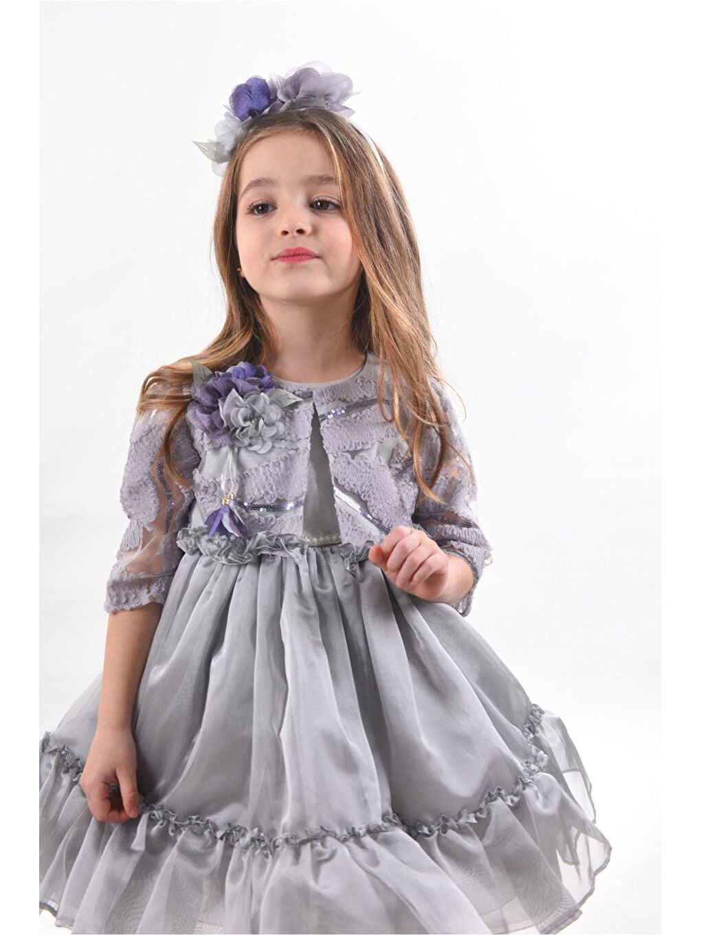 Gri Özel Tasarım Kız Çocuk Kısa Elbise, Doğum Günü Elbisesi, Çanta Aksesuarlı Abiye Elbise_M2330-2