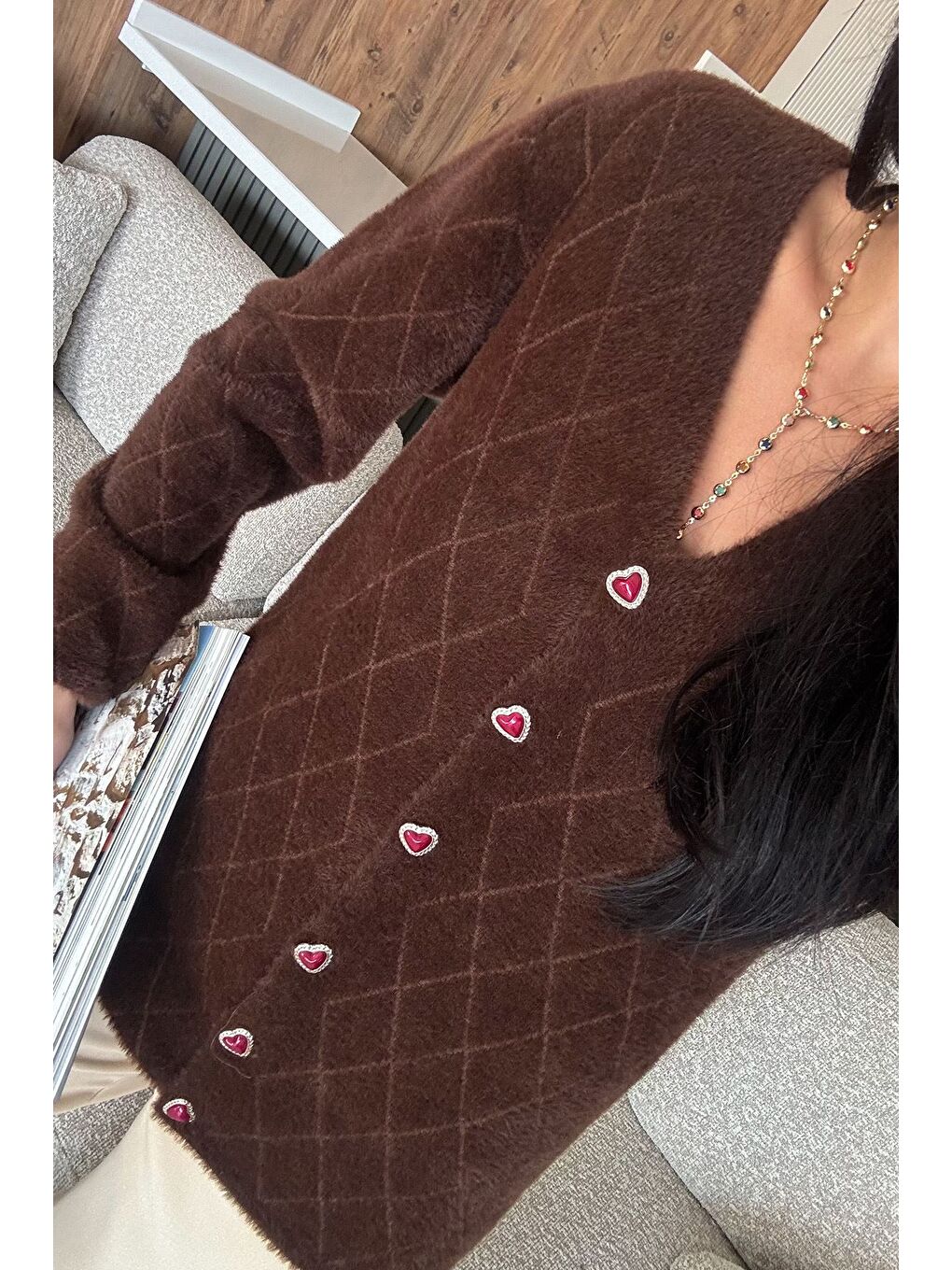 Kahverengi Kadın Yumoş İplik Sakallı Triko Hırka (s-m-l-xl Uyumludur)-2