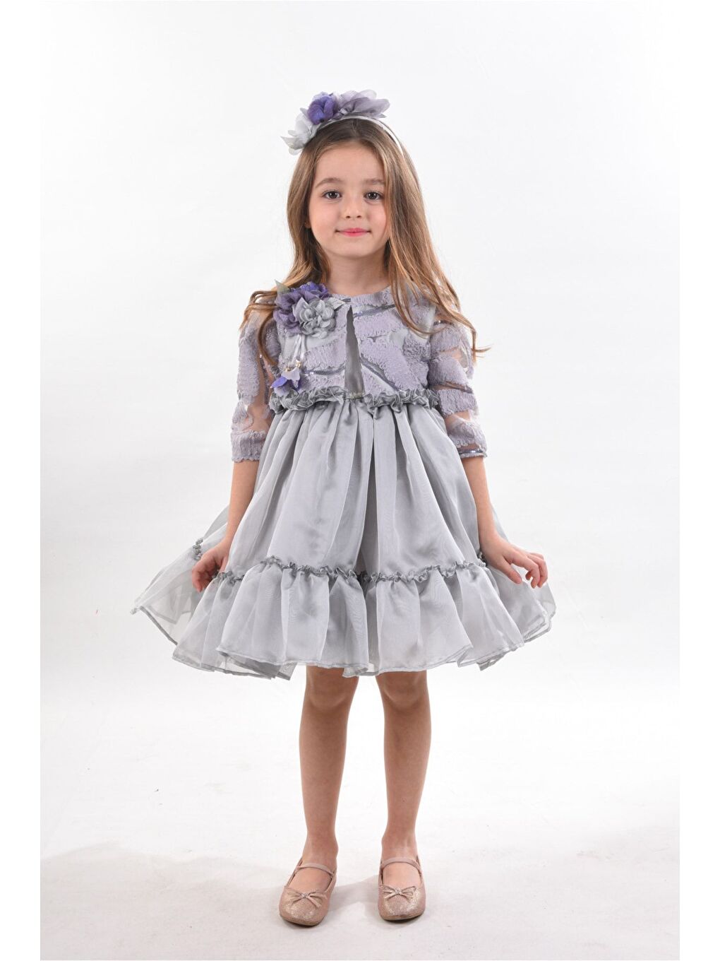 Gri Özel Tasarım Kız Çocuk Kısa Elbise, Doğum Günü Elbisesi, Çanta Aksesuarlı Abiye Elbise_M2330-3