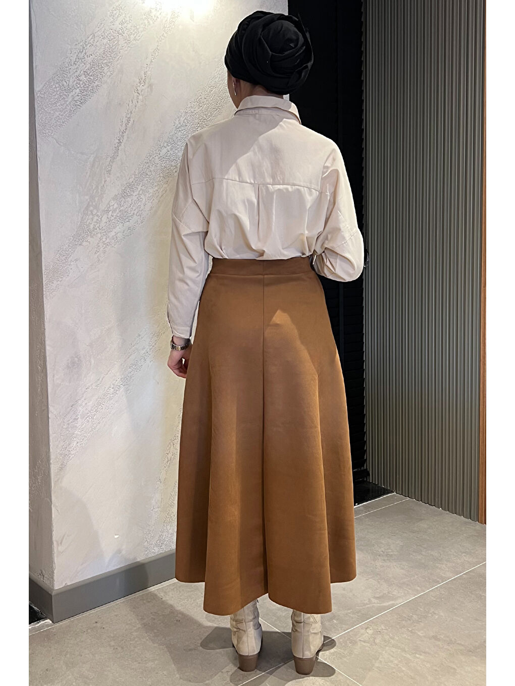 Kahverengi Kadın Kloş Uzun Süet Tesettür Etek-7