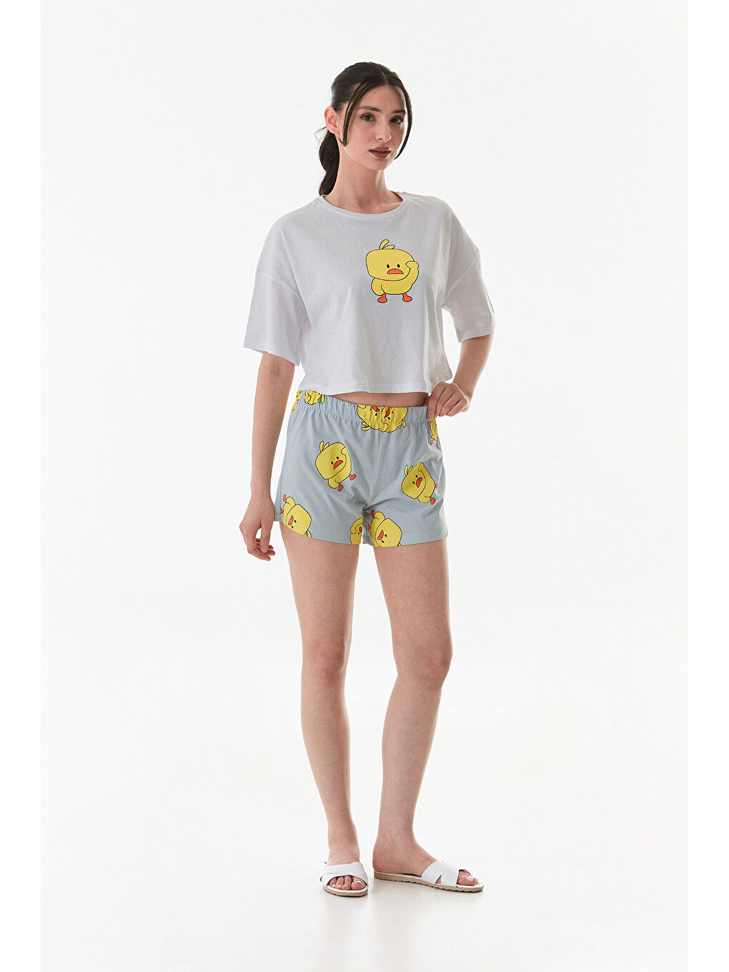 Gri Civciv Baskılı Şortlu Oversize Pijama Takımı