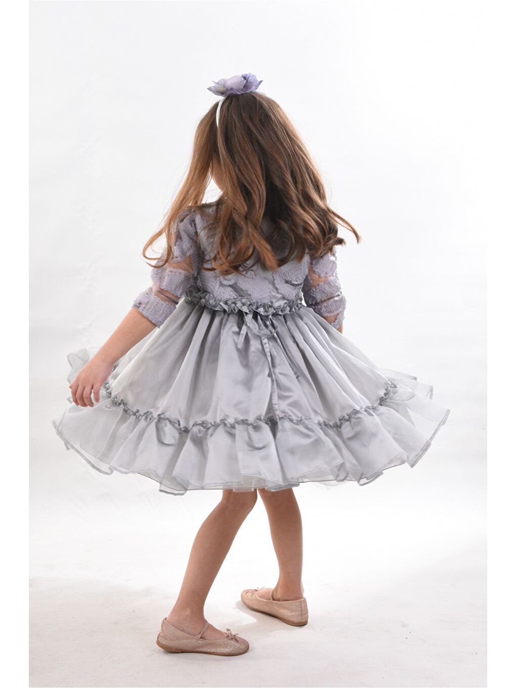 Gri Özel Tasarım Kız Çocuk Kısa Elbise, Doğum Günü Elbisesi, Çanta Aksesuarlı Abiye Elbise_M2330-4