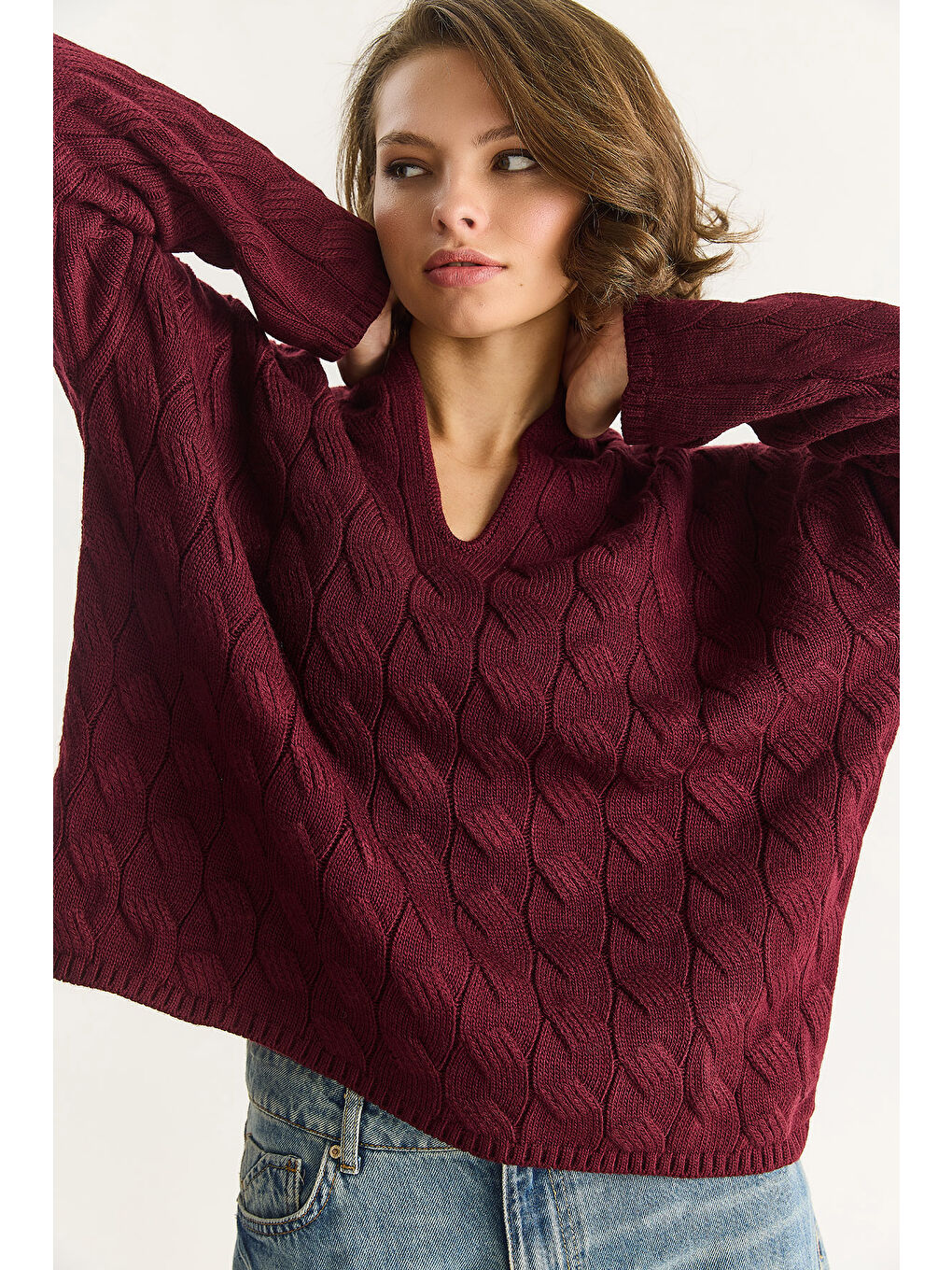 Bordo Kadın Oval Yaka Saç Örgü Oversize Triko Kazak TK-5